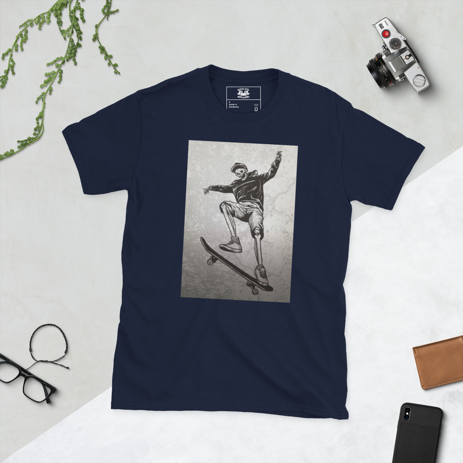 skeleboarder short sleeve unisex t-shirt navy flat