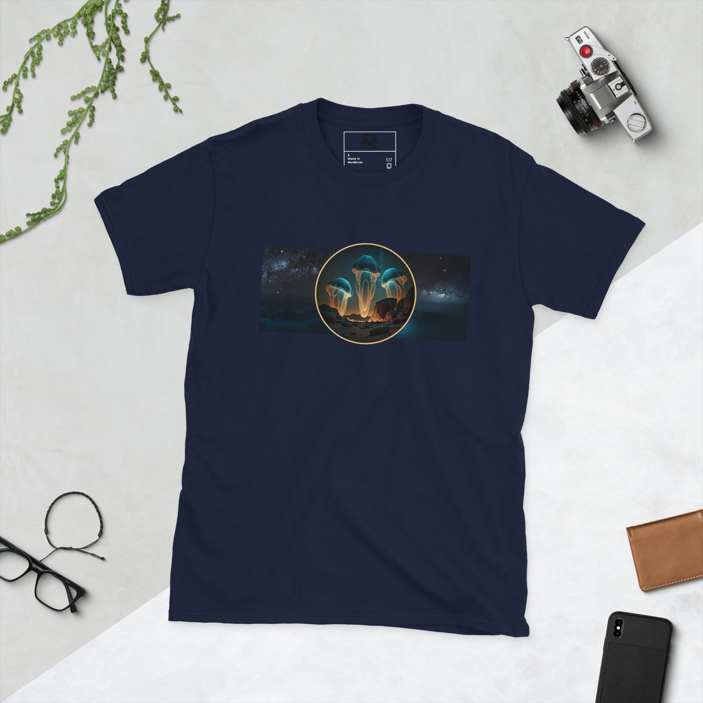 JellyFOs short sleeve unisex t-shirt navy flat