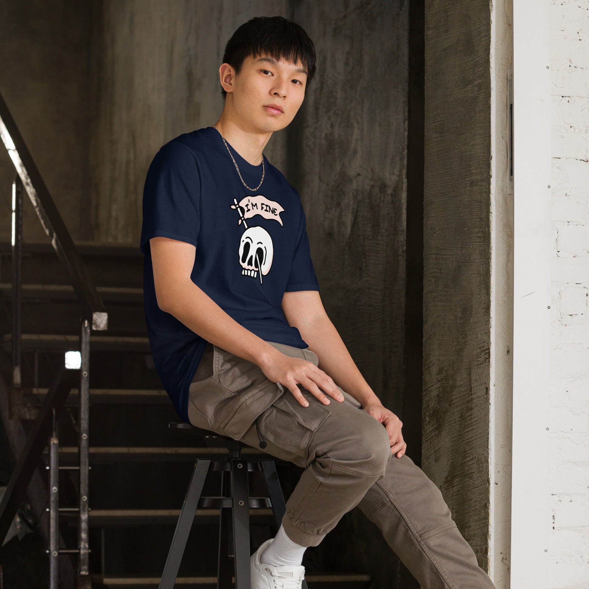 I'm fine short sleeve unisex t-shirt navy mockup