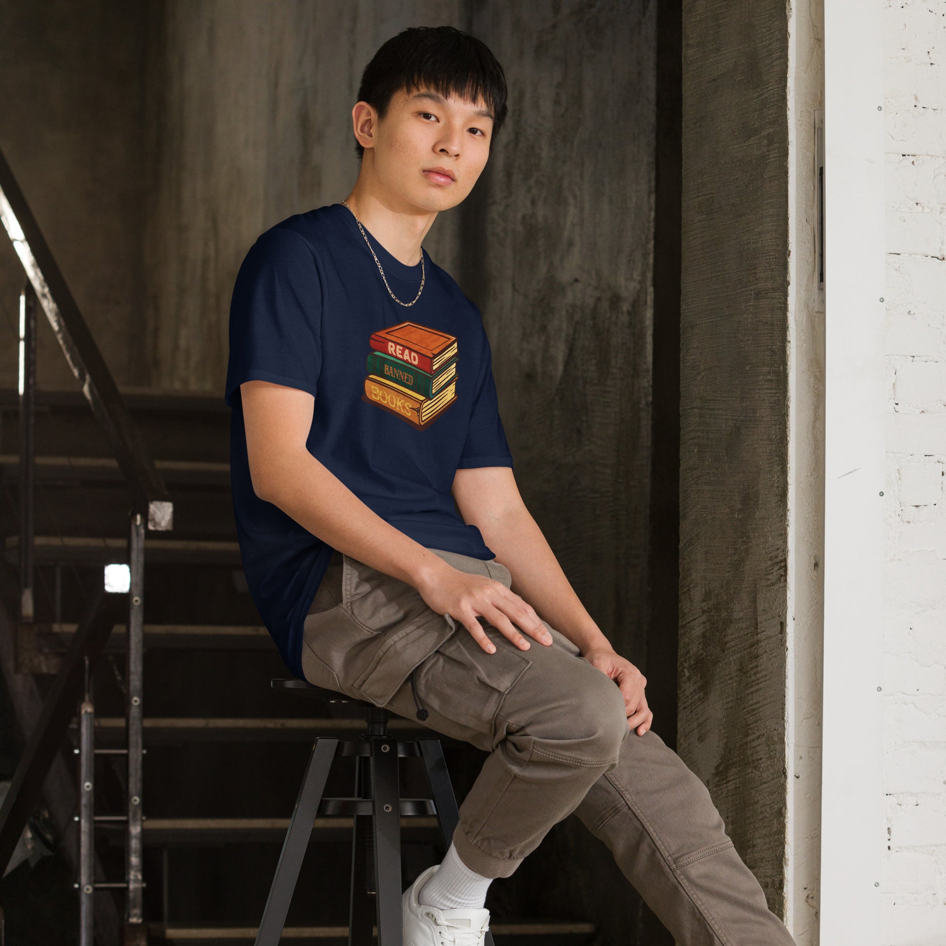 read banned books short sleeve unisex t-shirt navy mockup