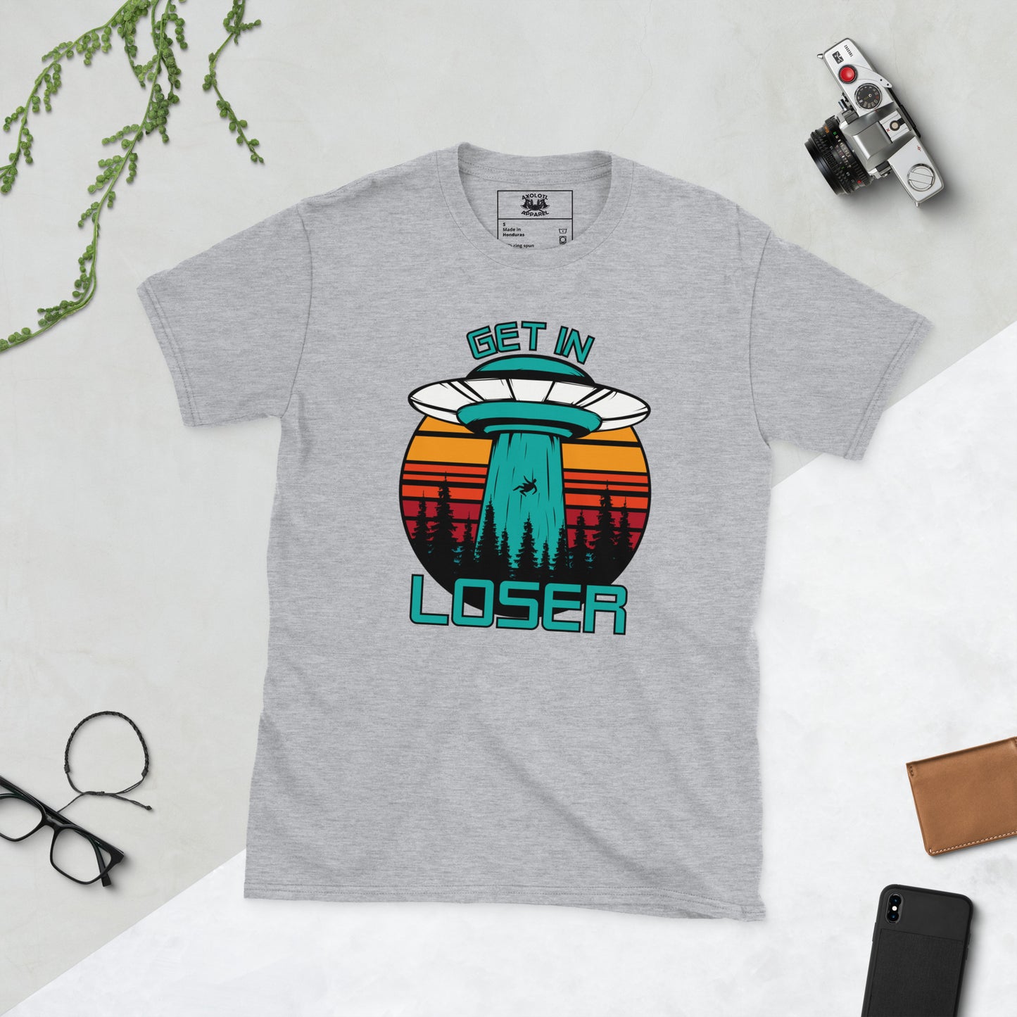 Get in Loser short sleeve unisex t-shirt light grey flat