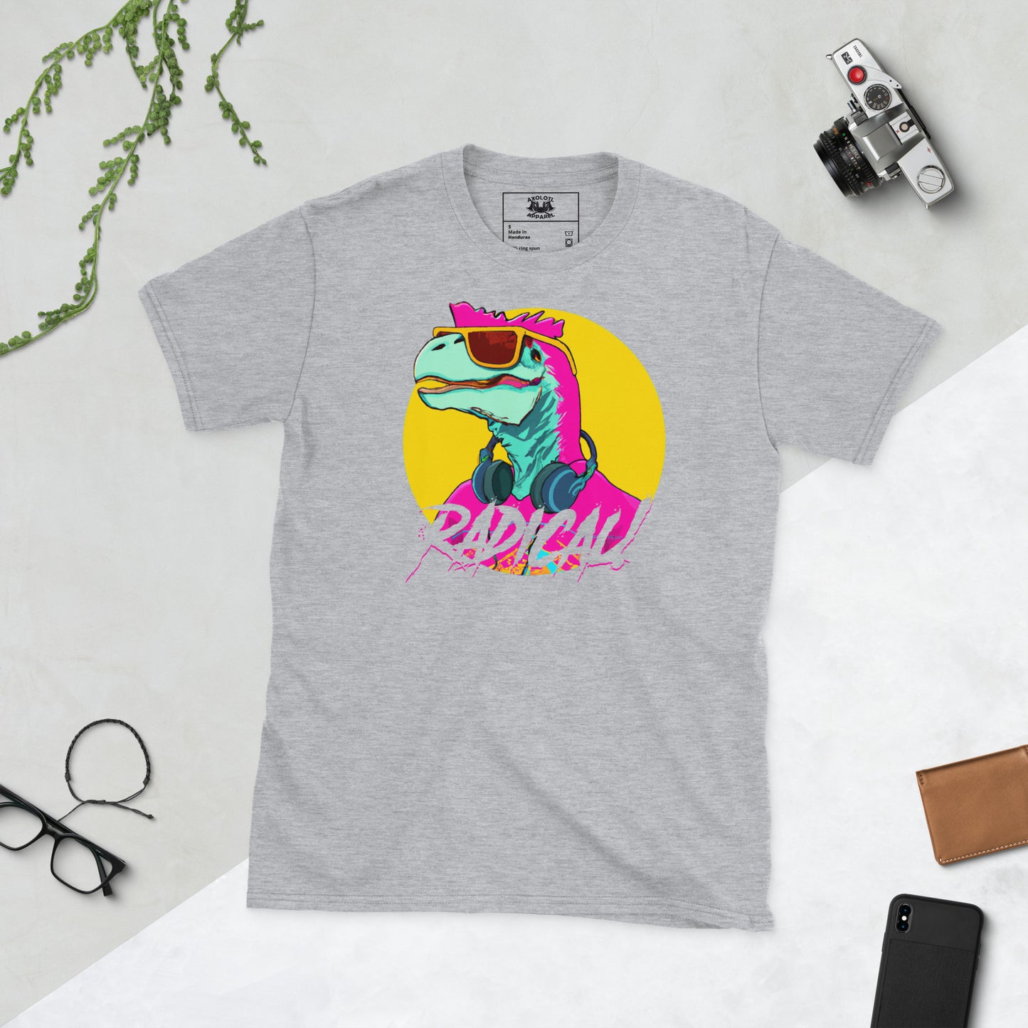radical dino short sleeve unisex t-shirt light grey flat