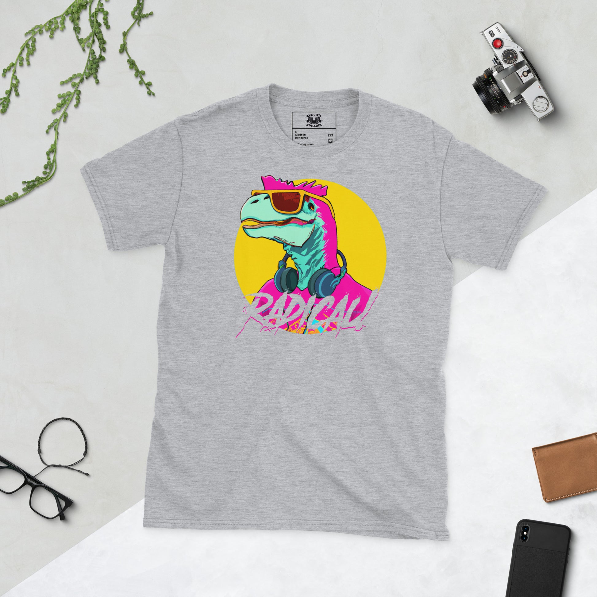 radical dino short sleeve unisex t-shirt light grey flat