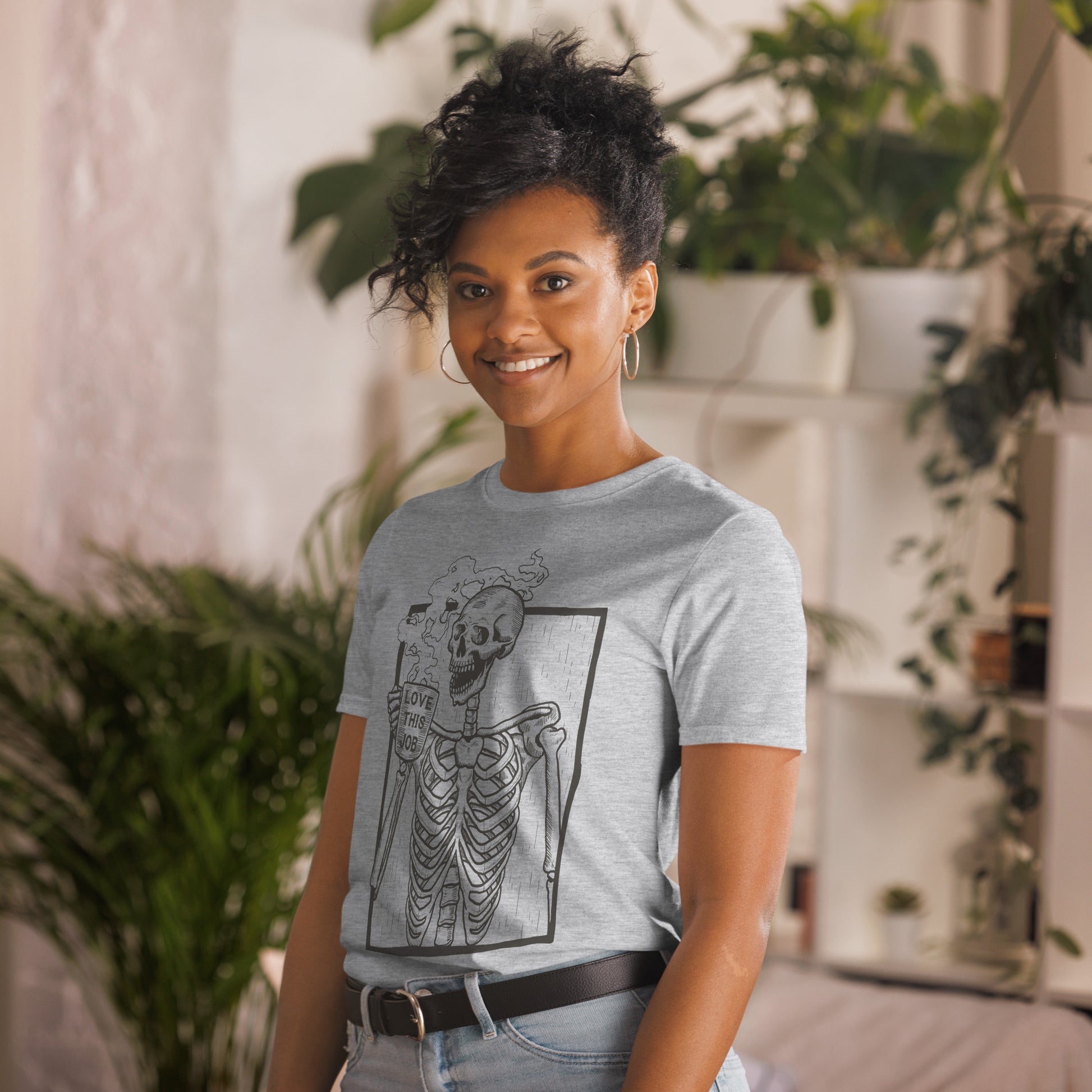 love this job short sleeve unisex t-shirt grey mockup