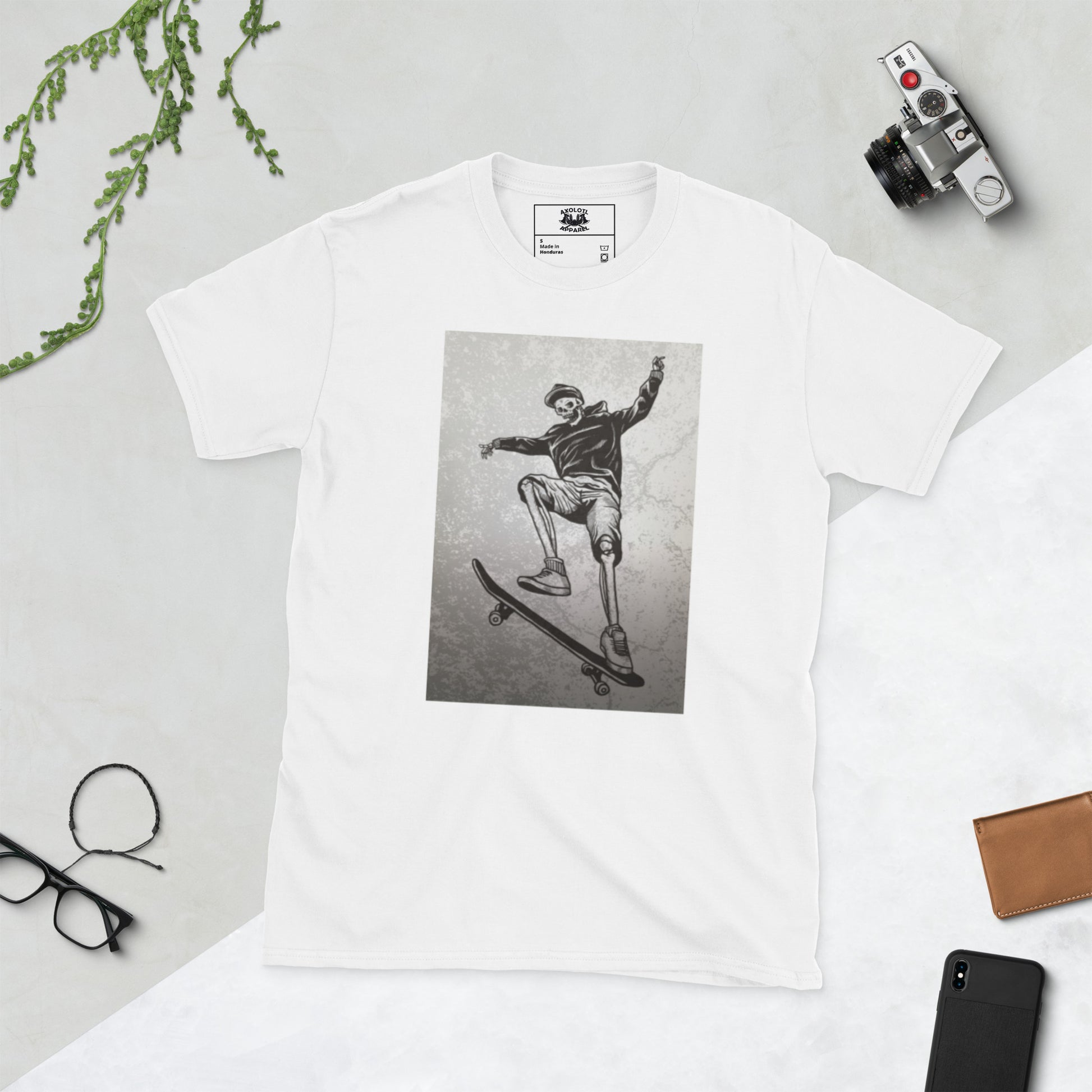 skeleboarder short sleeve unisex t-shirt white flat