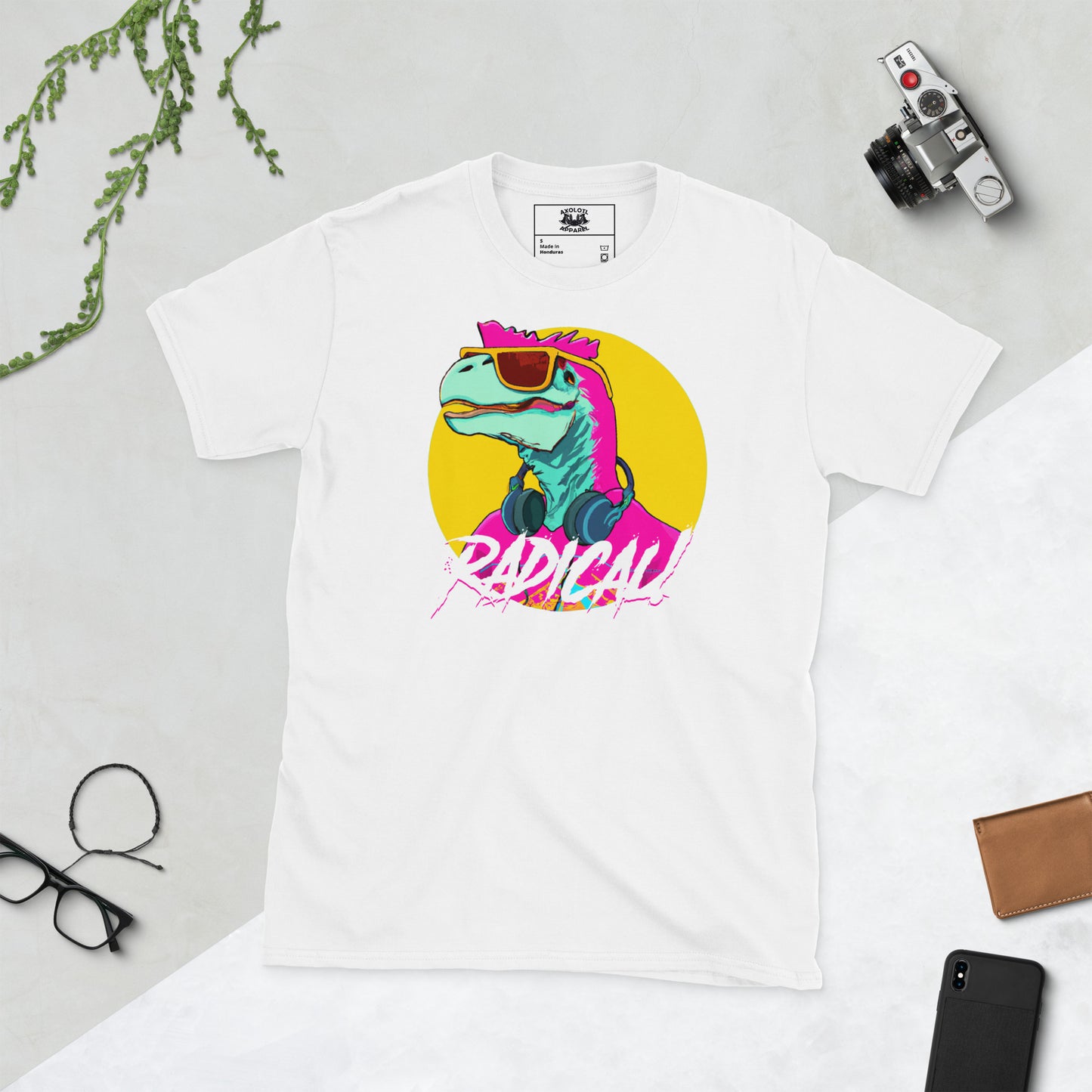 radical dino short sleeve unisex t-shirt white flat