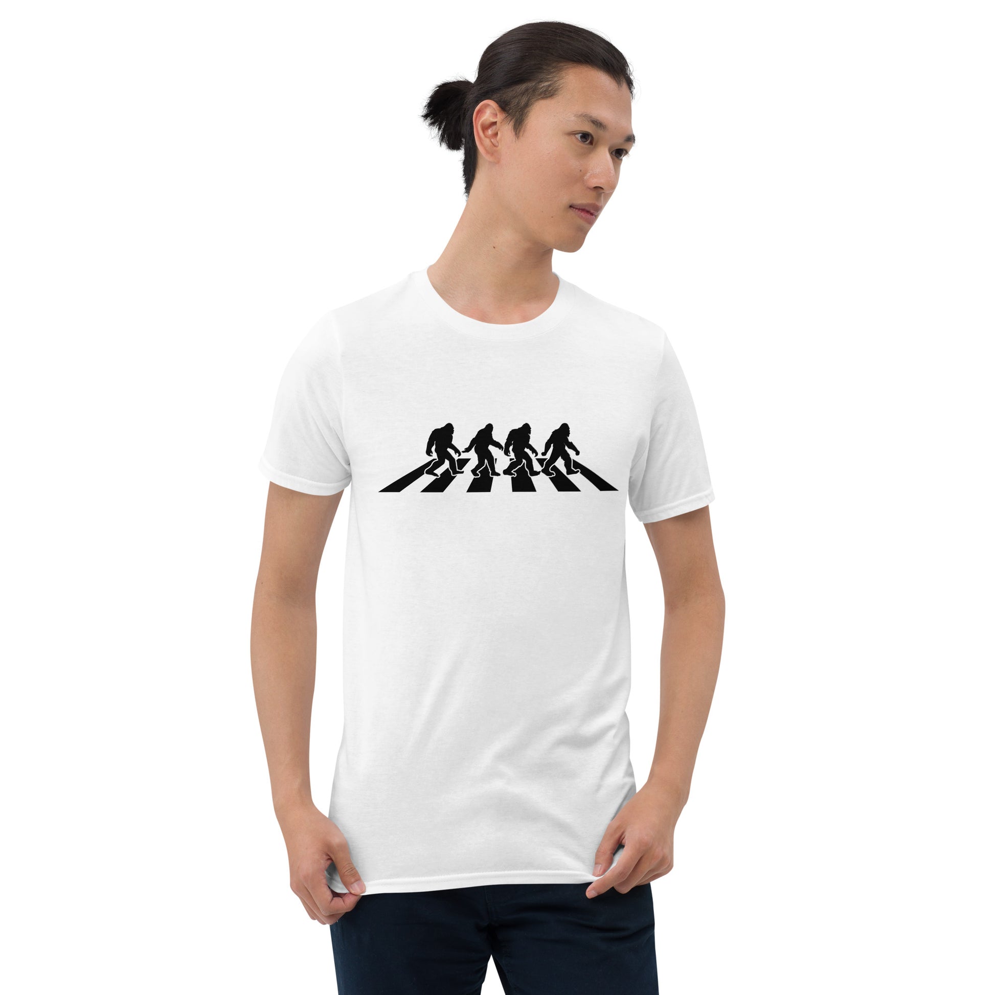Sasquatch road black short sleeve unisex t-shirt white mockup