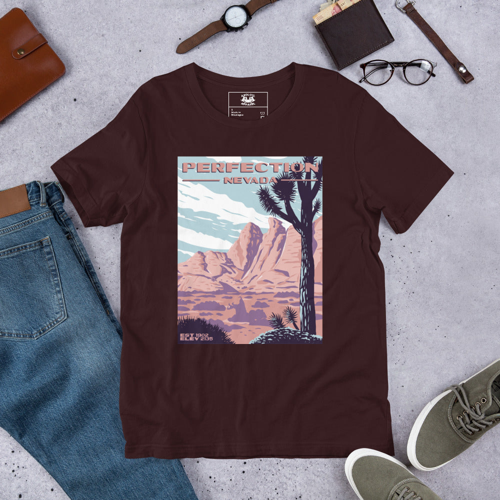 Perfection, Nevada short sleeve unisex t-shirt oxblood flat