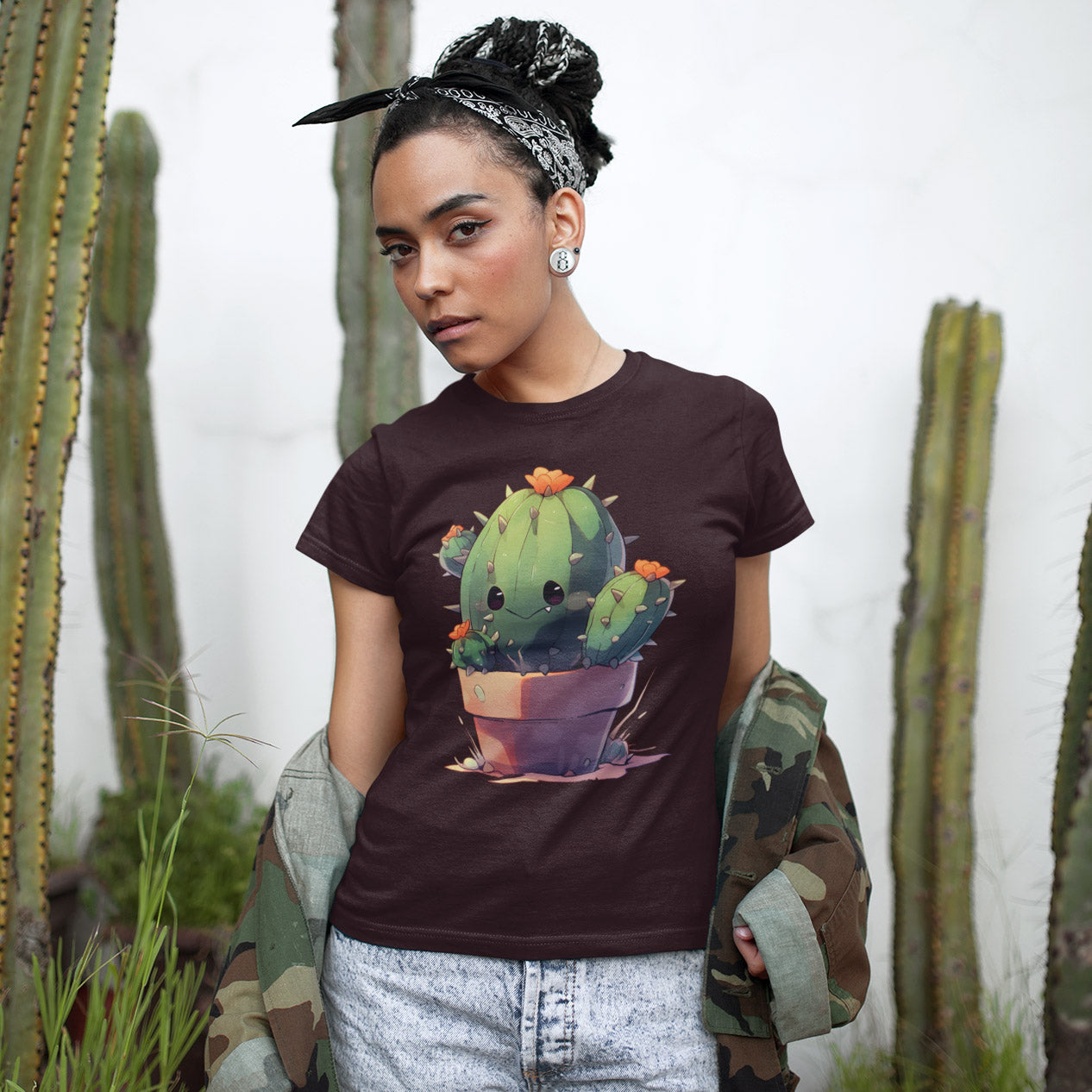 Kawaii_Cactus_Short_Sleeve_Unisex_T-shirt_Oxblood_Mockup_Woman-with-cacti