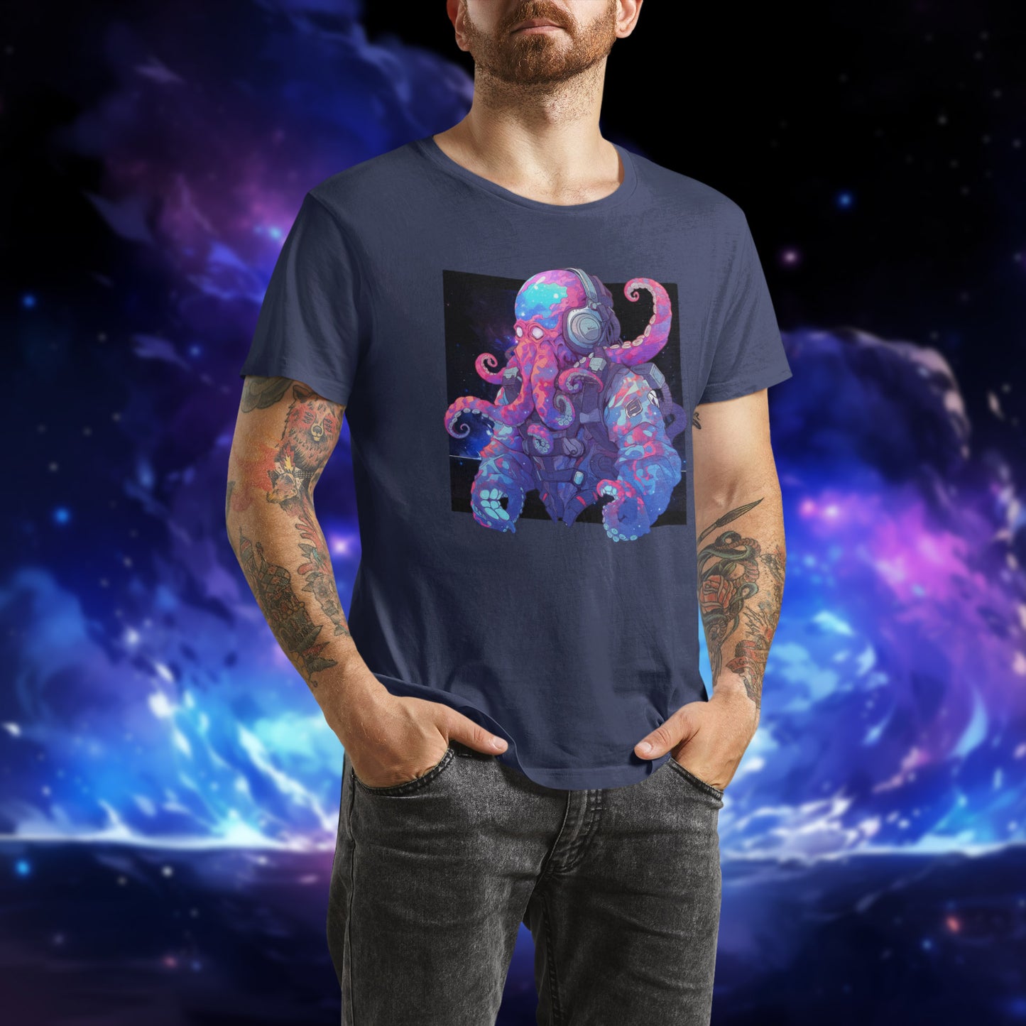 Octonaut_short_sleeve_unisex_t-shirt_navy_blue_mockup_in_space