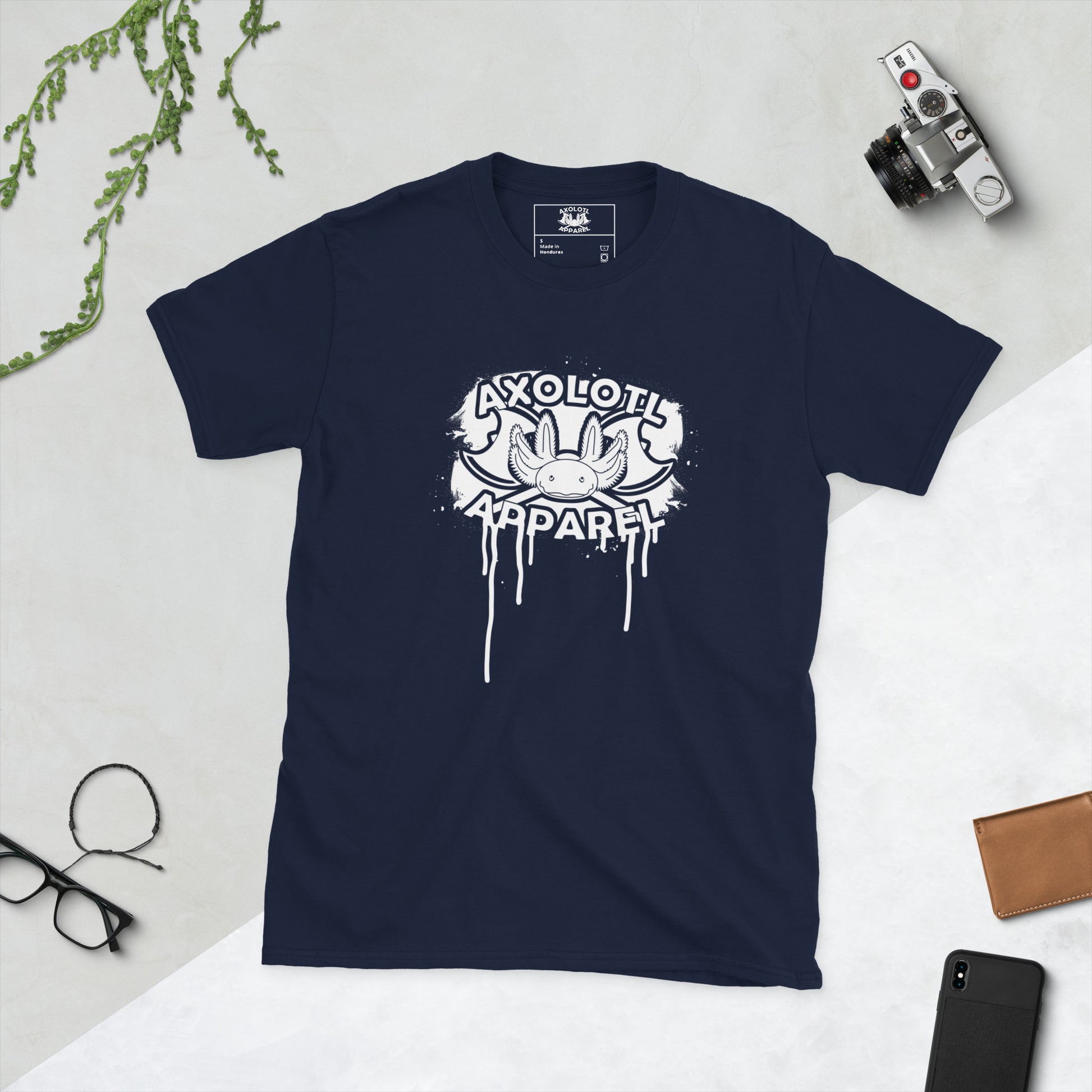 Axolotl-apparel-spatter-logo_Short-sleeve_Unisex_T-shirt_Navy_Flat