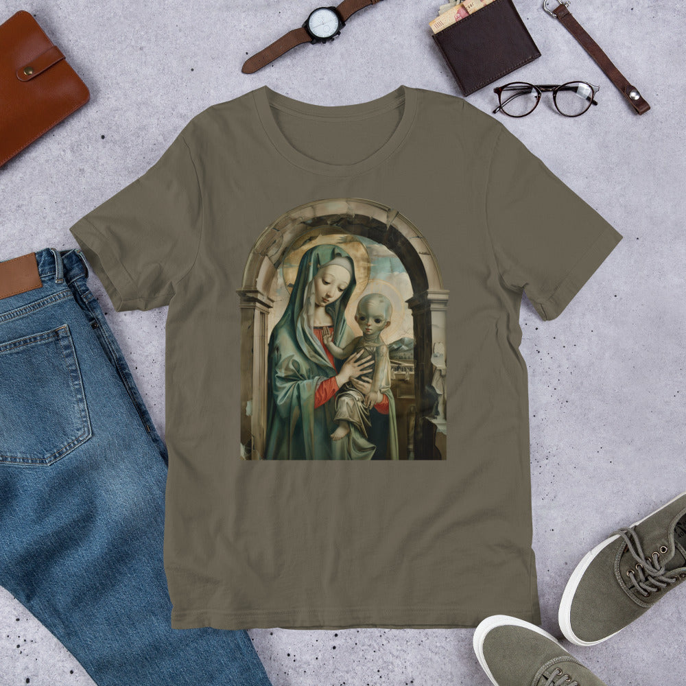 Mary and Alien Jesus Paranormal Religious Short-sleeve Unisex T-shirt Army Flat