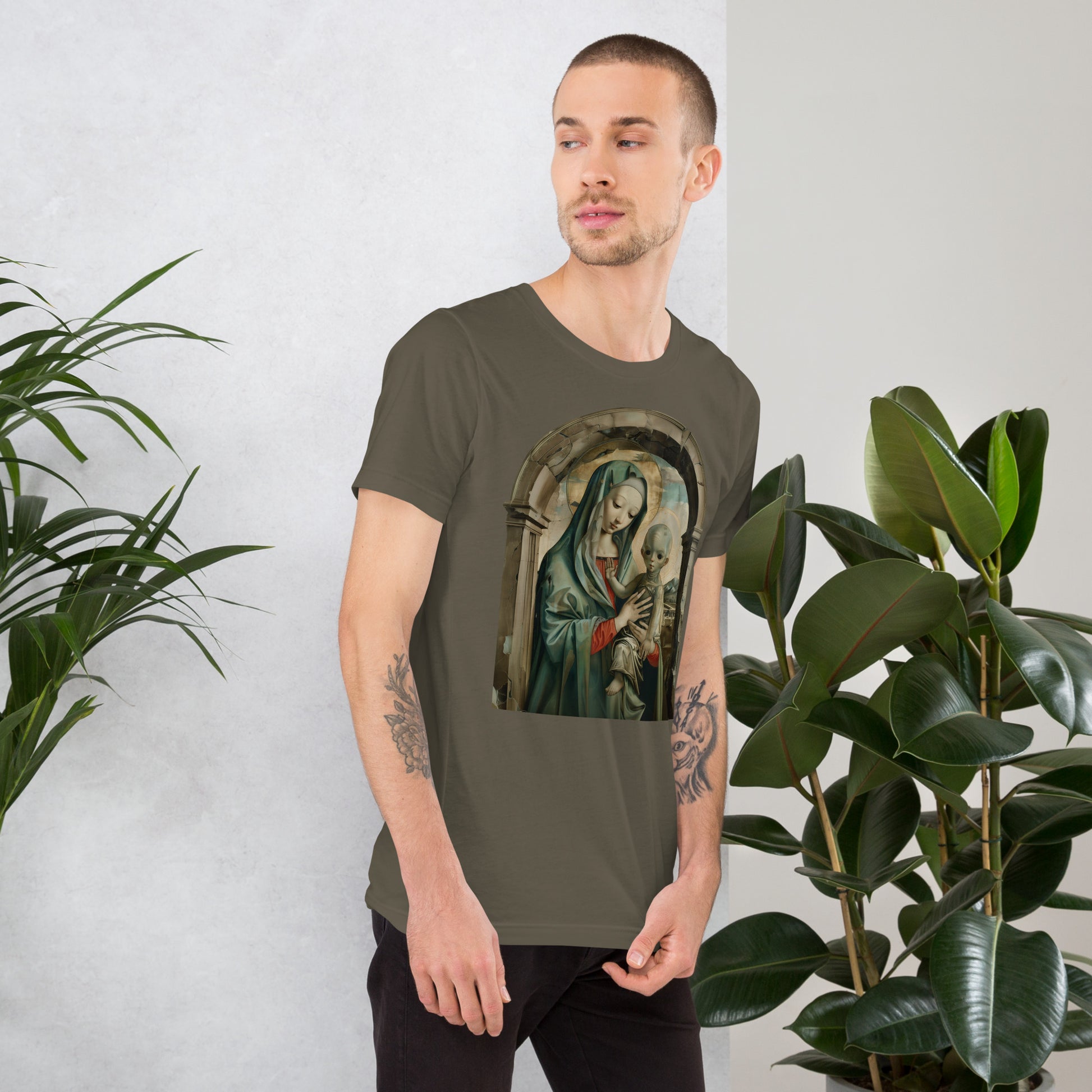Mary and Alien Jesus Paranormal Religious Short-sleeve Unisex T-shirt Army Mockup