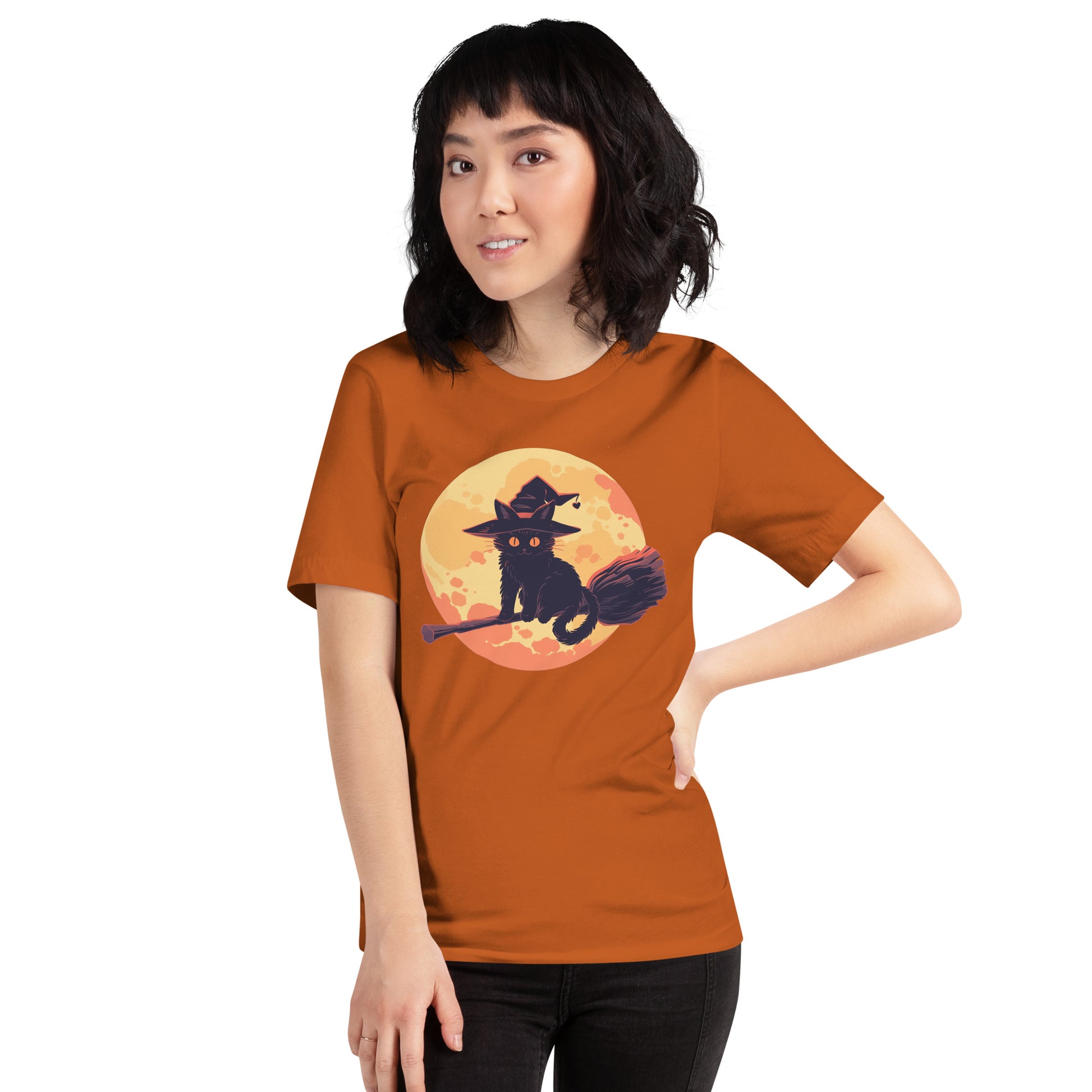 witchy cat short sleeve unisex t-shirt orange mockup