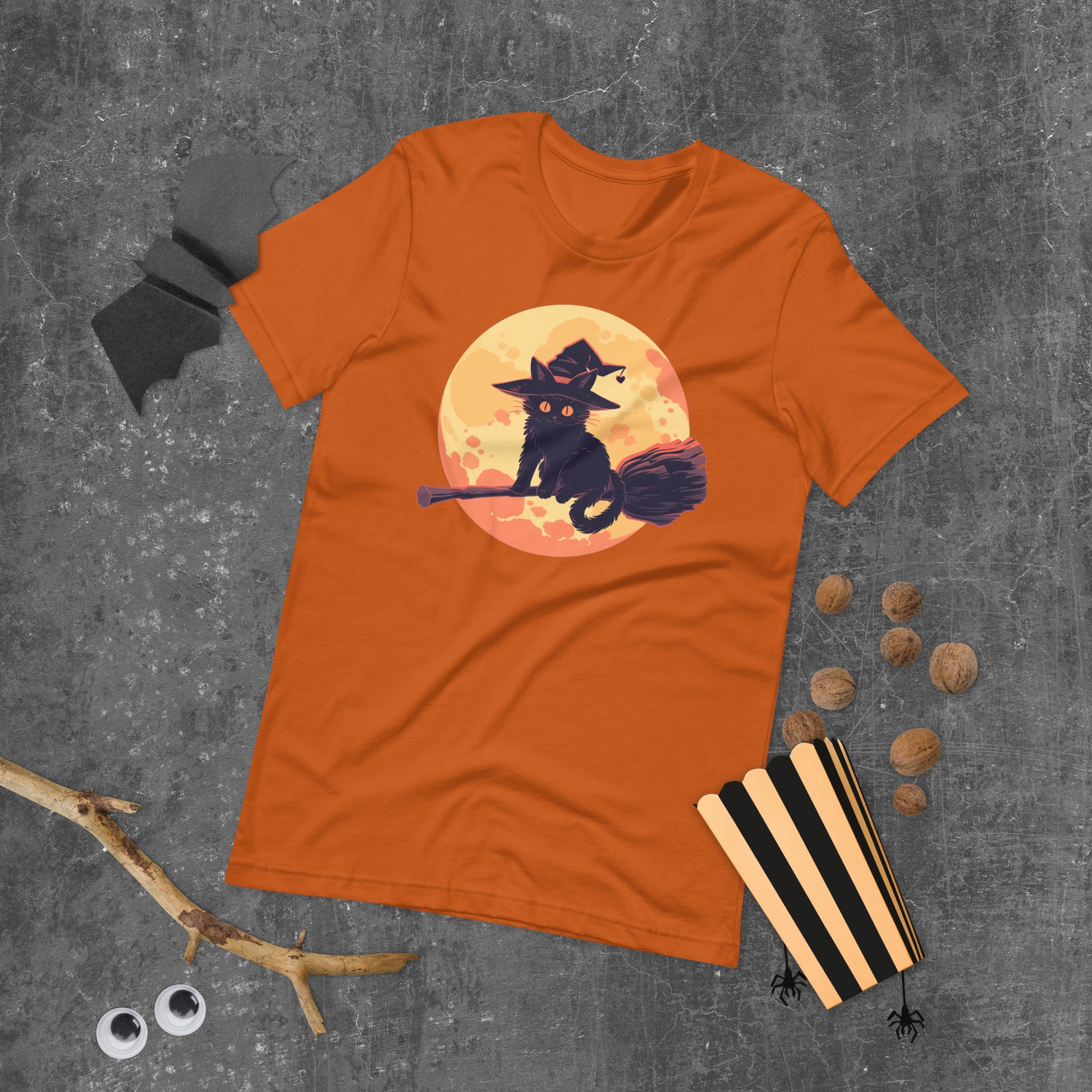 witchy cat short sleeve unisex t-shirt orange mockup