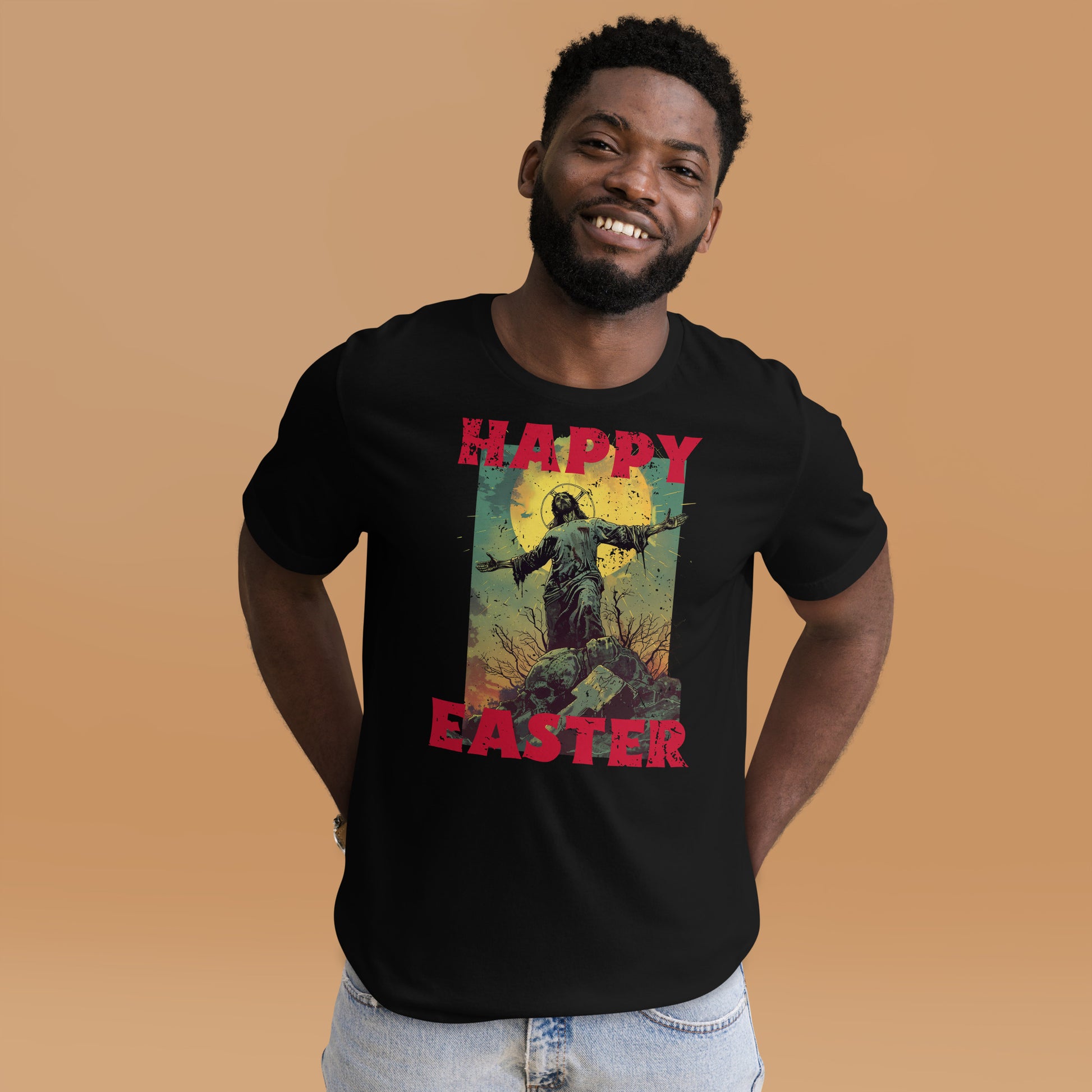 Happy Easter, Zombie Jesus Distressed Holiday Short-sleeve Unisex T-shirt Black Mockup