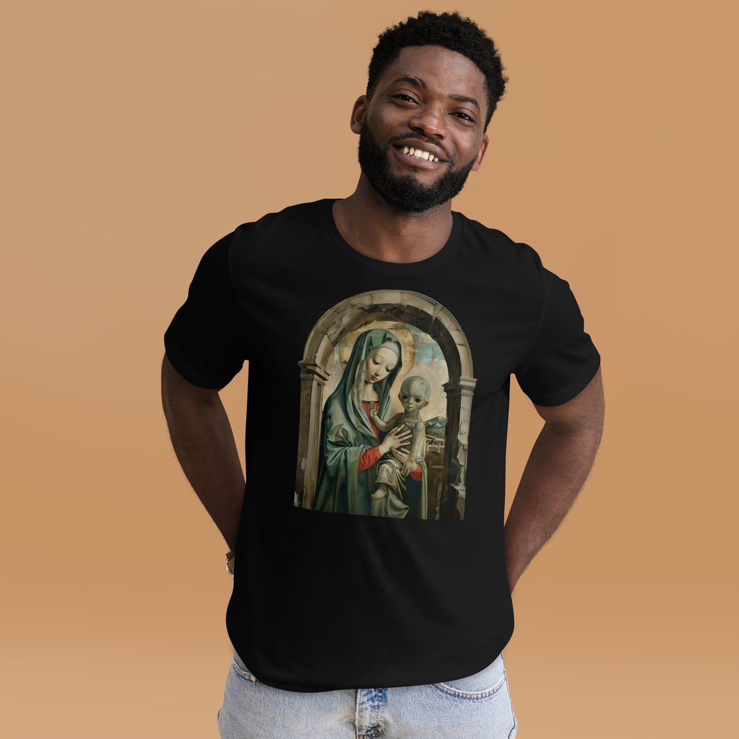 Mary and Alien Jesus Paranormal Religious Short-sleeve Unisex T-shirt Black Mockup