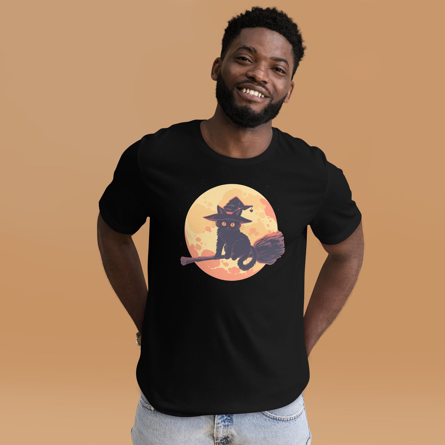 witchy cat short sleeve unisex t-shirt black mockup