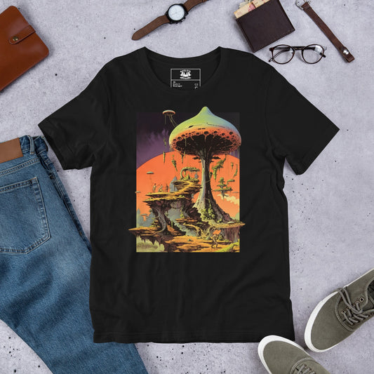 Mushroom-City_Shirt-sleeve_Unisex_T-shirt_Black_Flat