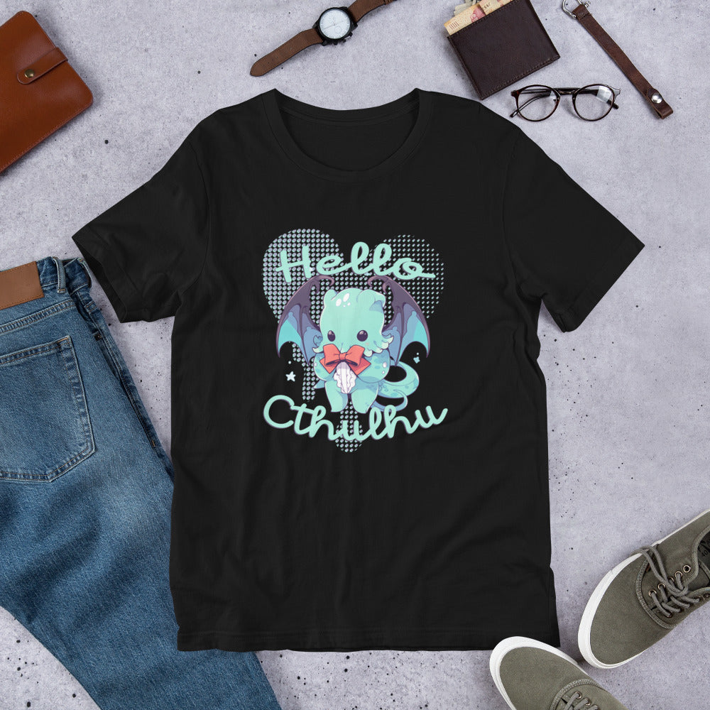 Hello Cthulhu Shirt-sleeve Unisex T-shirt Black Flat