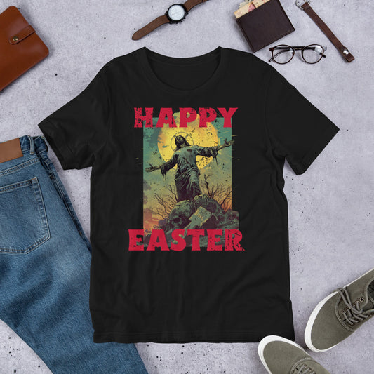 Happy Easter, Zombie Jesus Distressed Holiday Short-sleeve Unisex T-shirt Black Flat