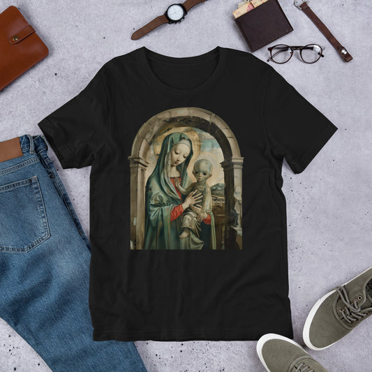 Mary and Alien Jesus Paranormal Religious Short-sleeve Unisex T-shirt Black Flat