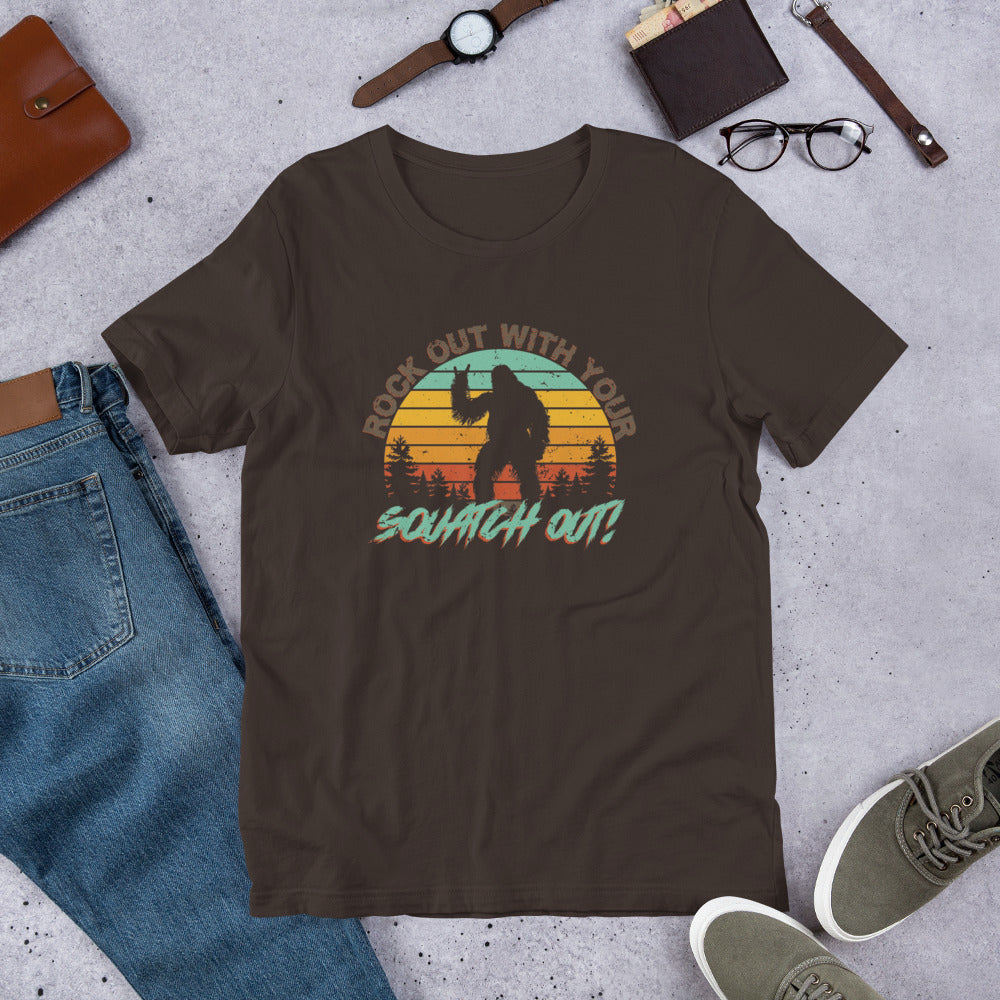 Rock Out Squatch Out Short-sleeve Unisex T-shirt Brown Flat