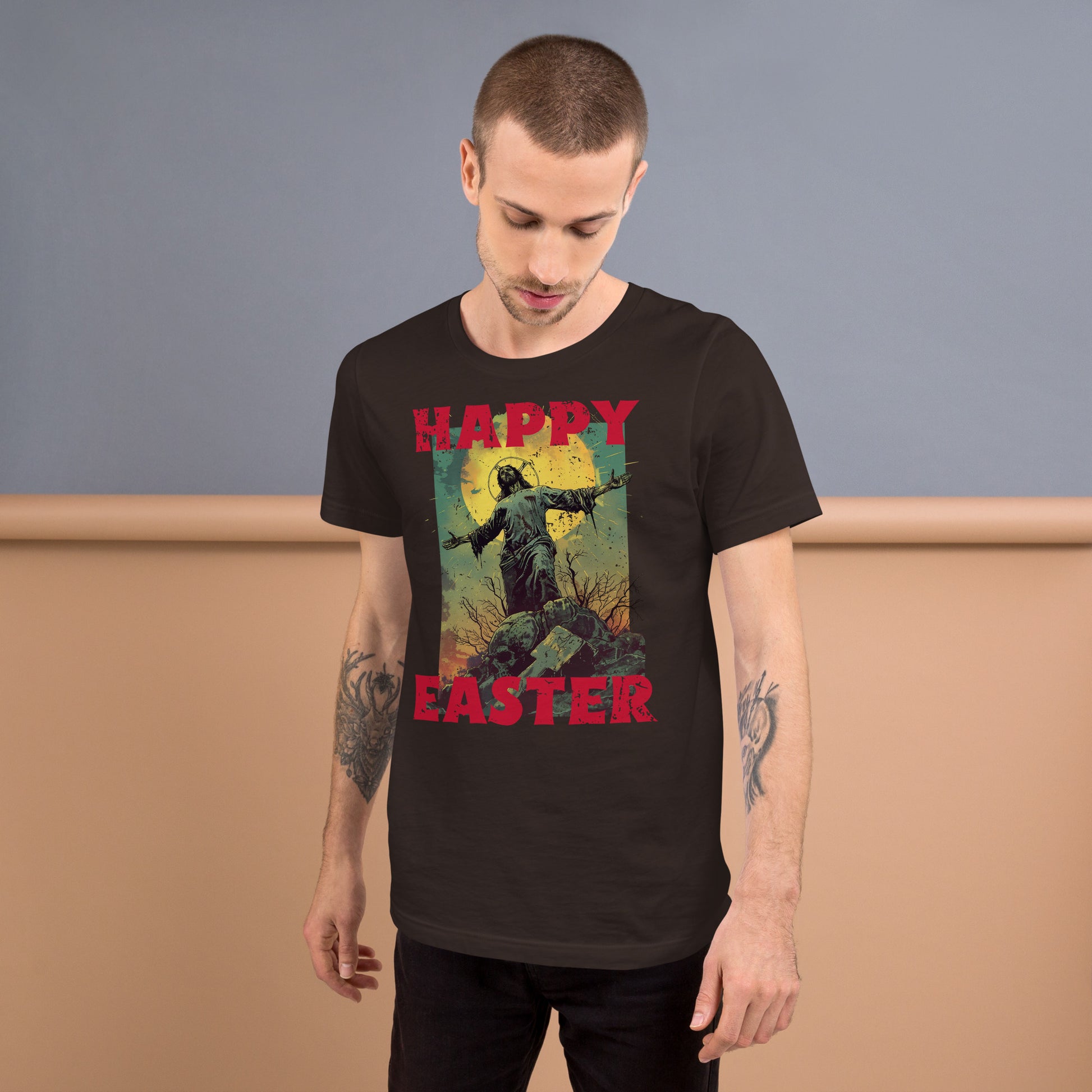 Happy Easter, Zombie Jesus Distressed Holiday Short-sleeve Unisex T-shirt Brown Mockup