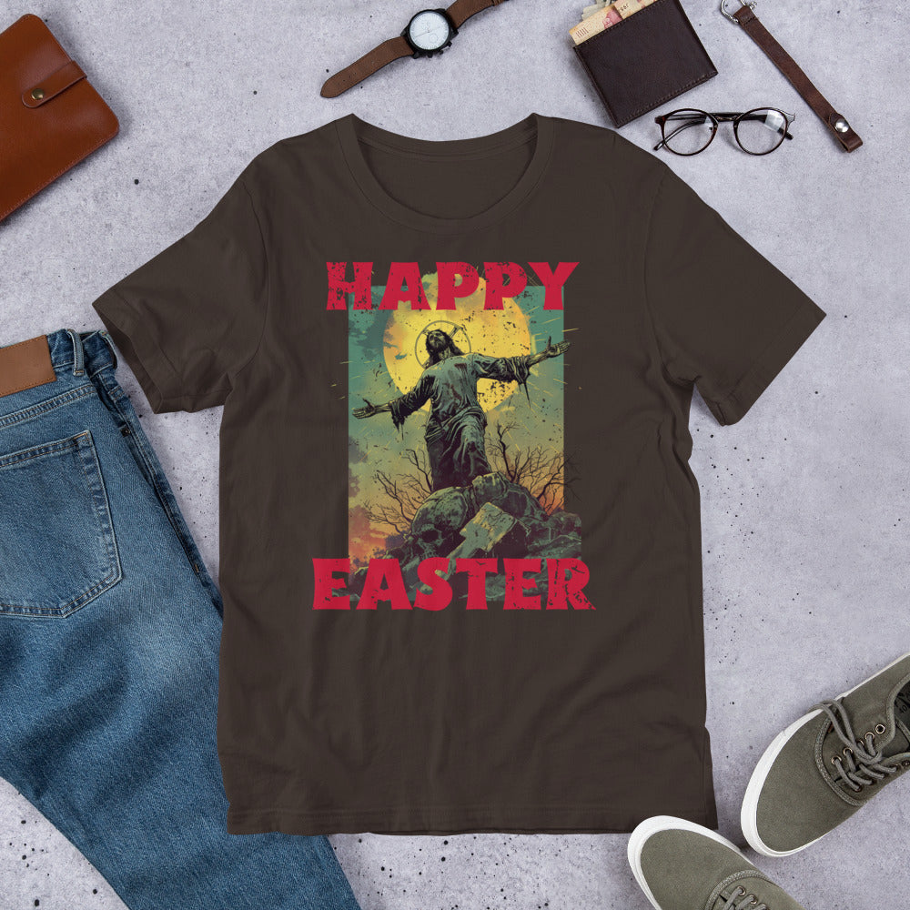 Happy Easter, Zombie Jesus Distressed Holiday Short-sleeve Unisex T-shirt Brown Flat