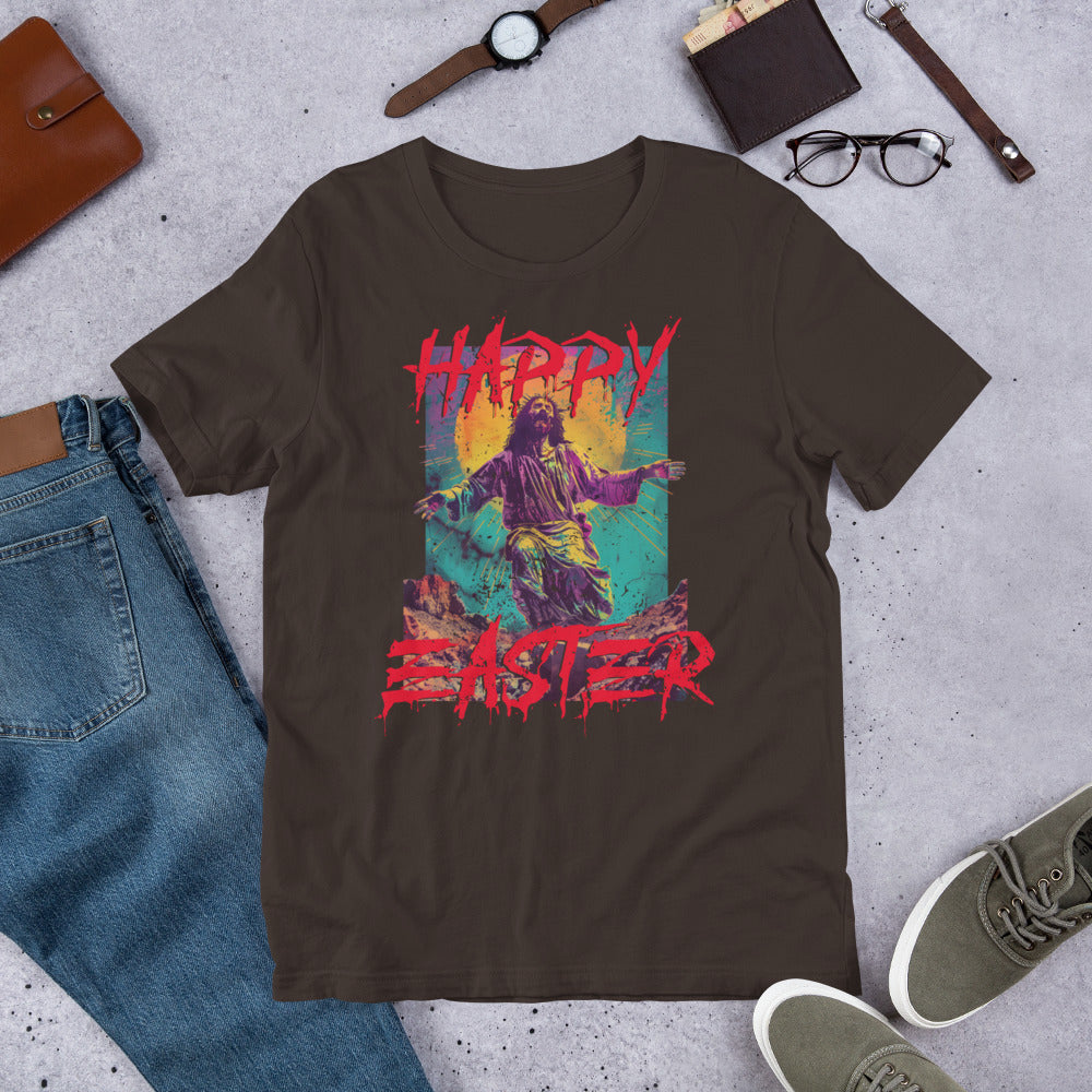 Happy Easter, Zombie Jesus Irreverent Spring Holiday Short-sleeve Unisex T-shirt Brown Flat