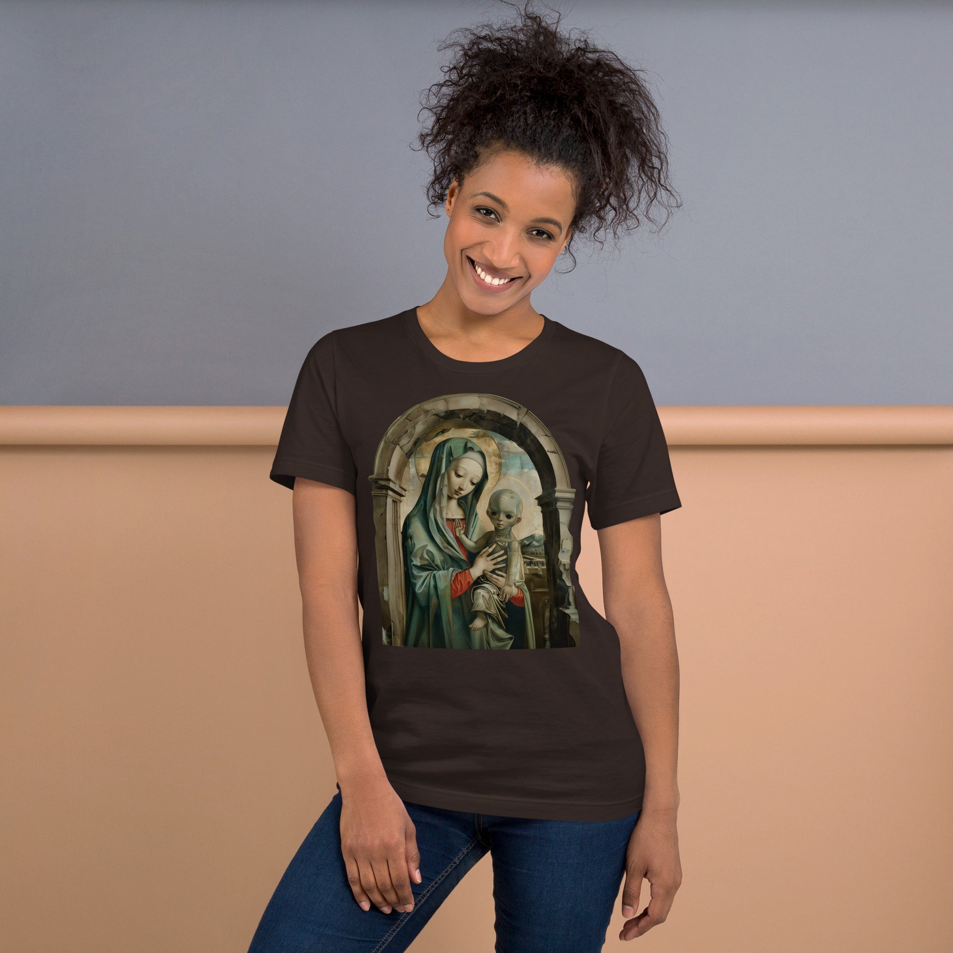 Mary and Alien Jesus Paranormal Religious Short-sleeve Unisex T-shirt Brown Mockup