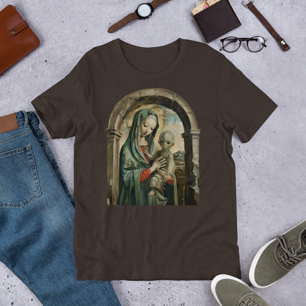 Mary and Alien Jesus Paranormal Religious Short-sleeve Unisex T-shirt Brown Flat