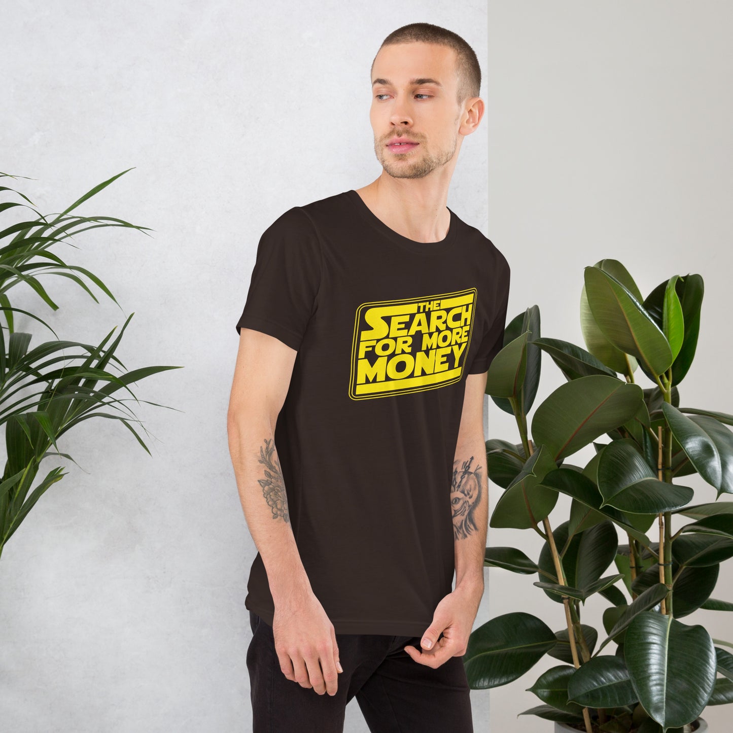 The Search For More Money Short-Sleeve Unisex T-Shirt Brown Mockup