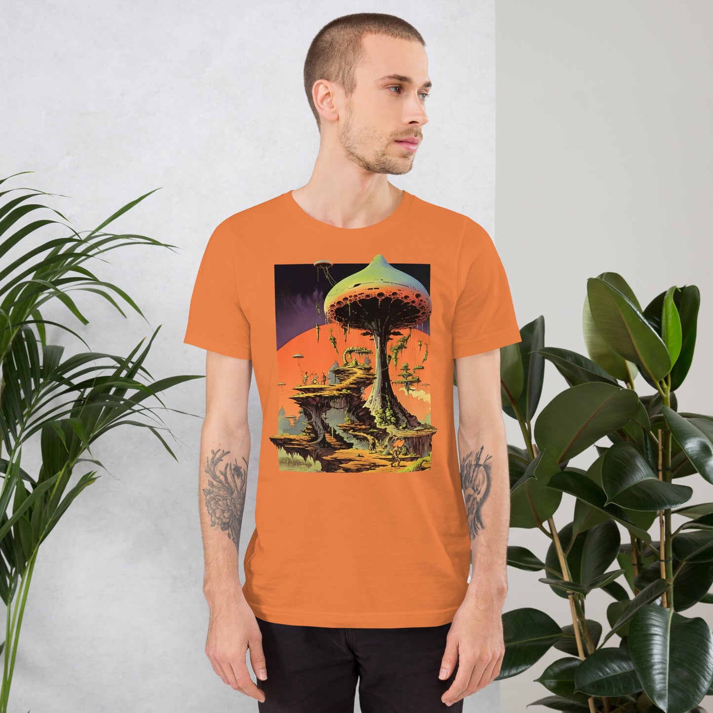 Mushroom-City_Shirt-sleeve_Unisex_T-shirt_Orange_Mockup