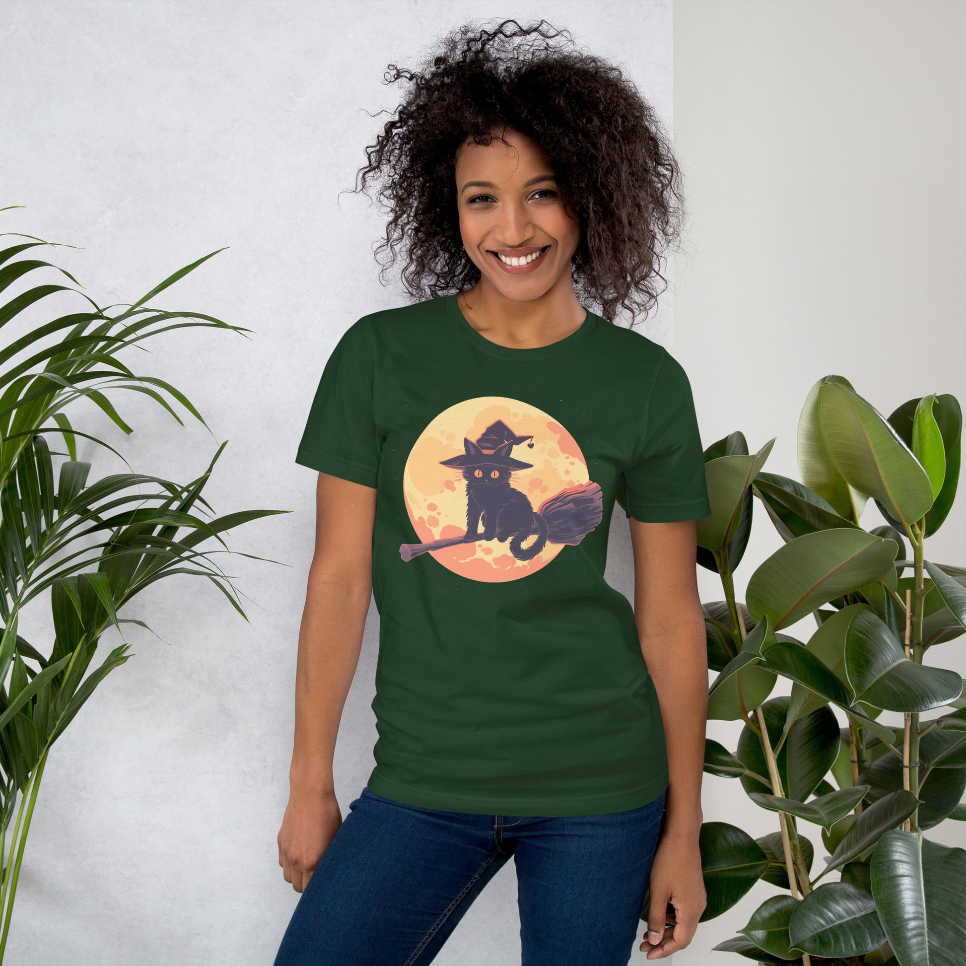 witchy cat short sleeve unisex t-shirt green mockup