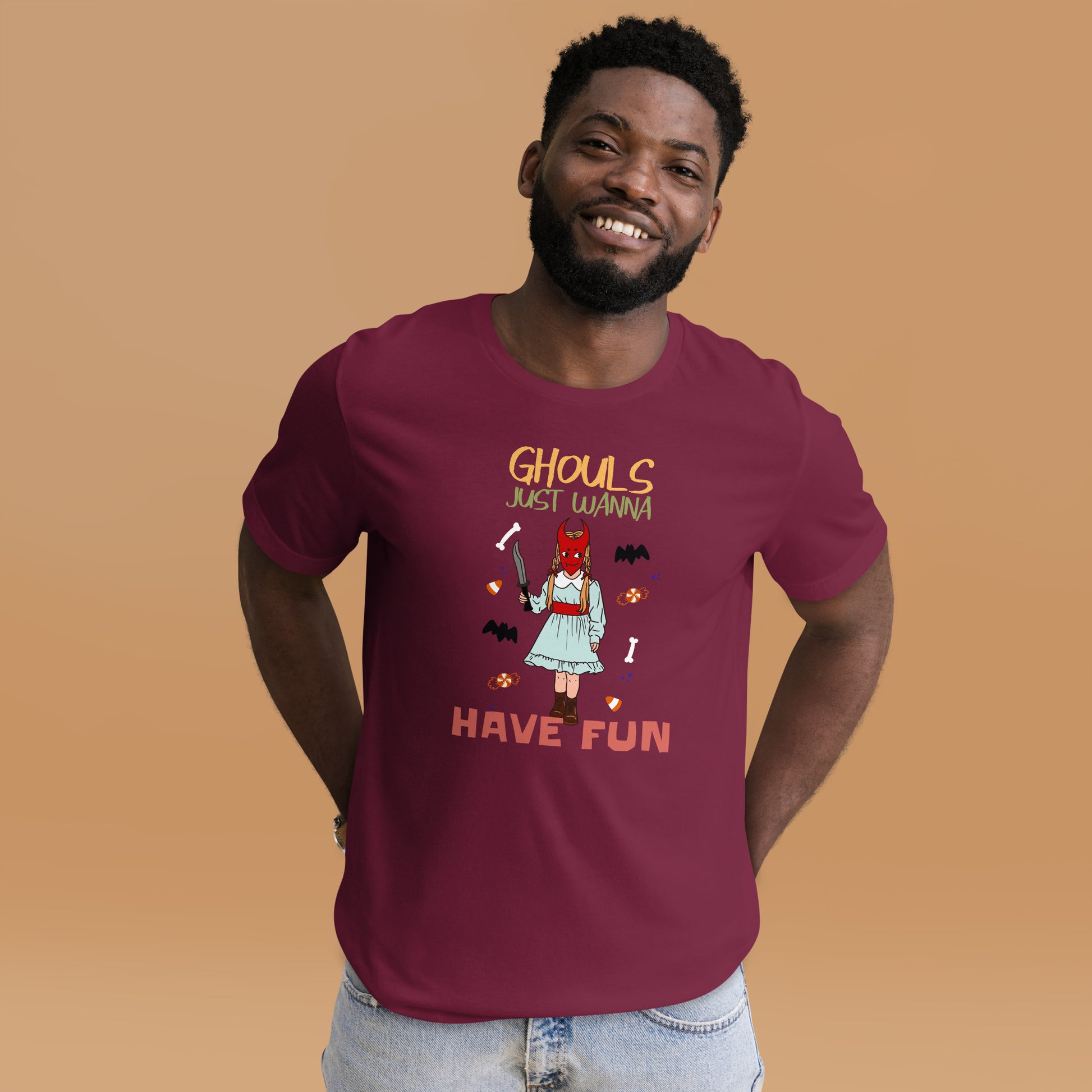 Ghouls Just Wanna Have Fun Short-sleeve Unisex T-shirt Maroon Mockup