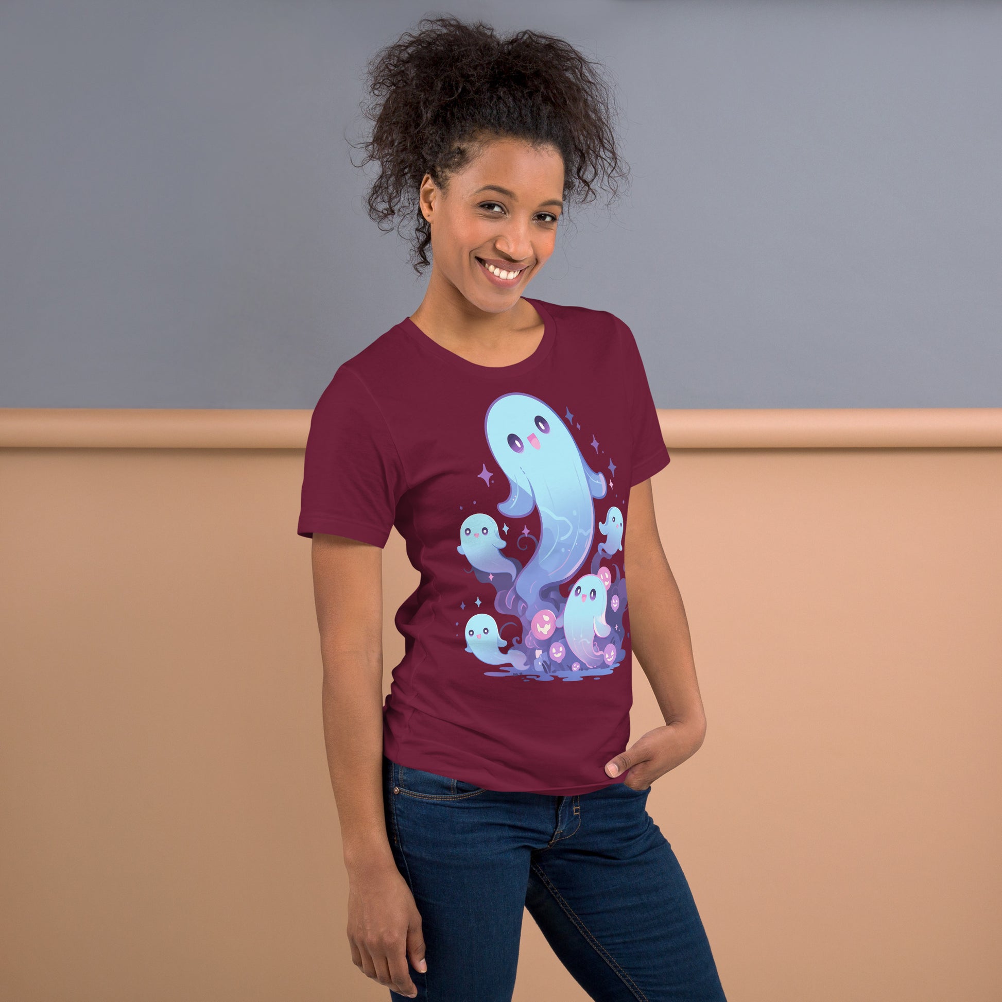 ghosties short sleeve unisex t-shirt maroon mockup