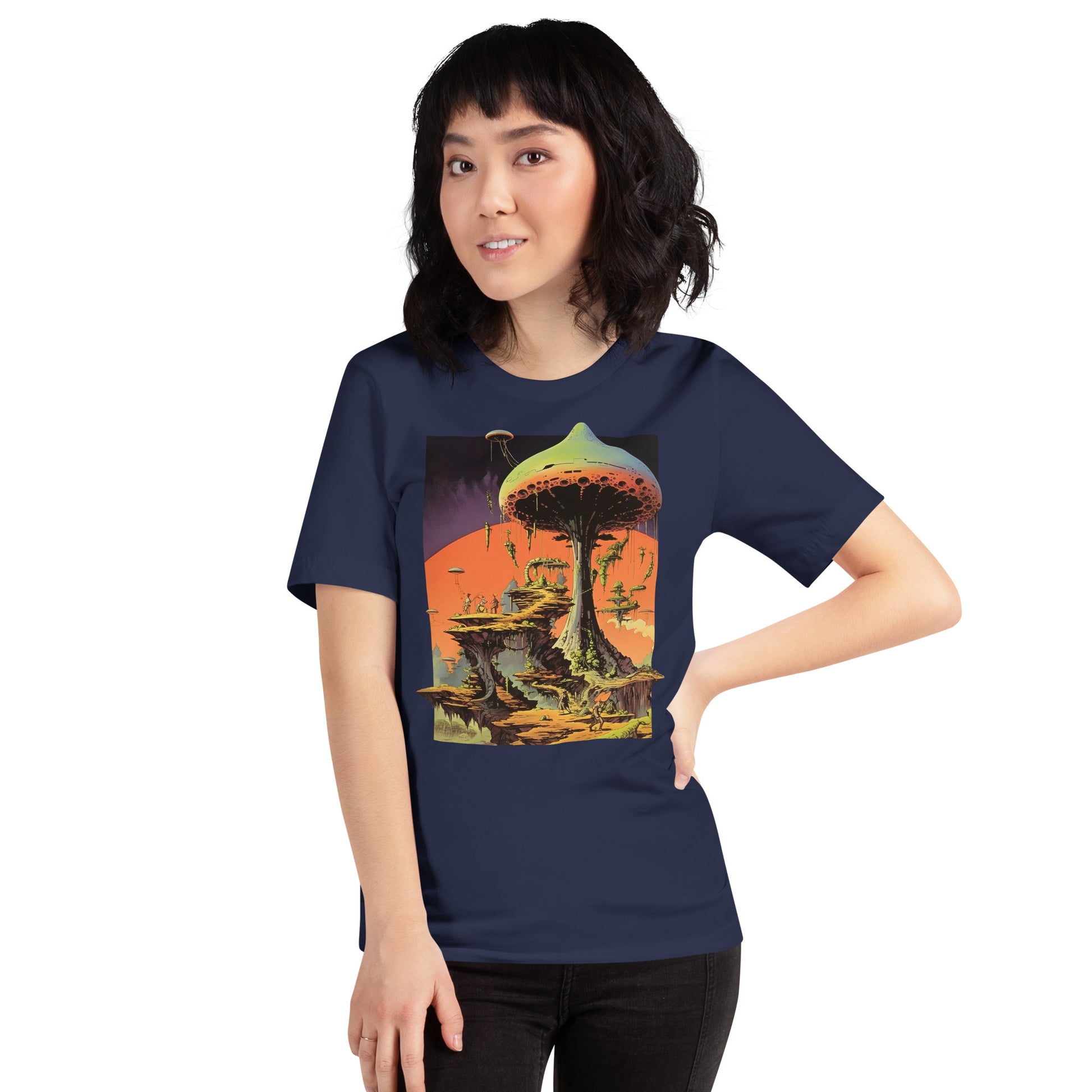 Mushroom-City_Shirt-sleeve_Unisex_T-shirt_Navy_Mockup