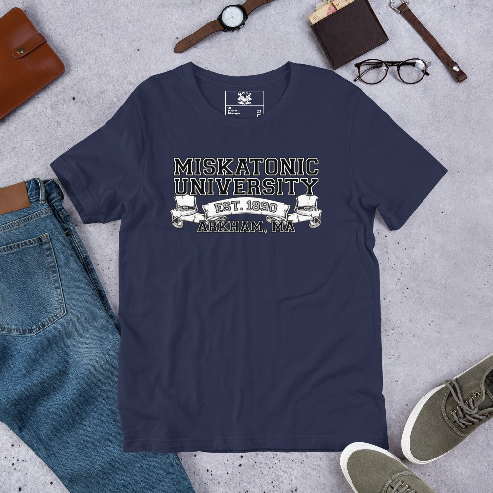 Miskatonic University Arkham MA Short-sleeve Unisex T-shirt Navy Flat