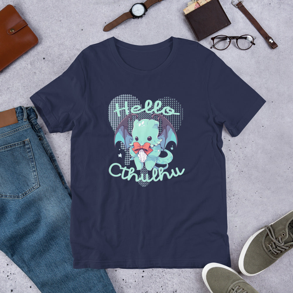 Hello Cthulhu Shirt-sleeve Unisex T-shirt Navy Flat
