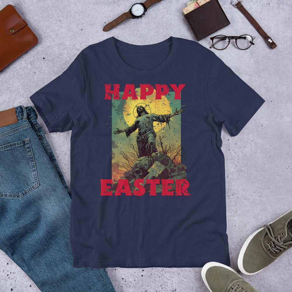 Happy Easter, Zombie Jesus Distressed Holiday Short-sleeve Unisex T-shirt Navy Flat