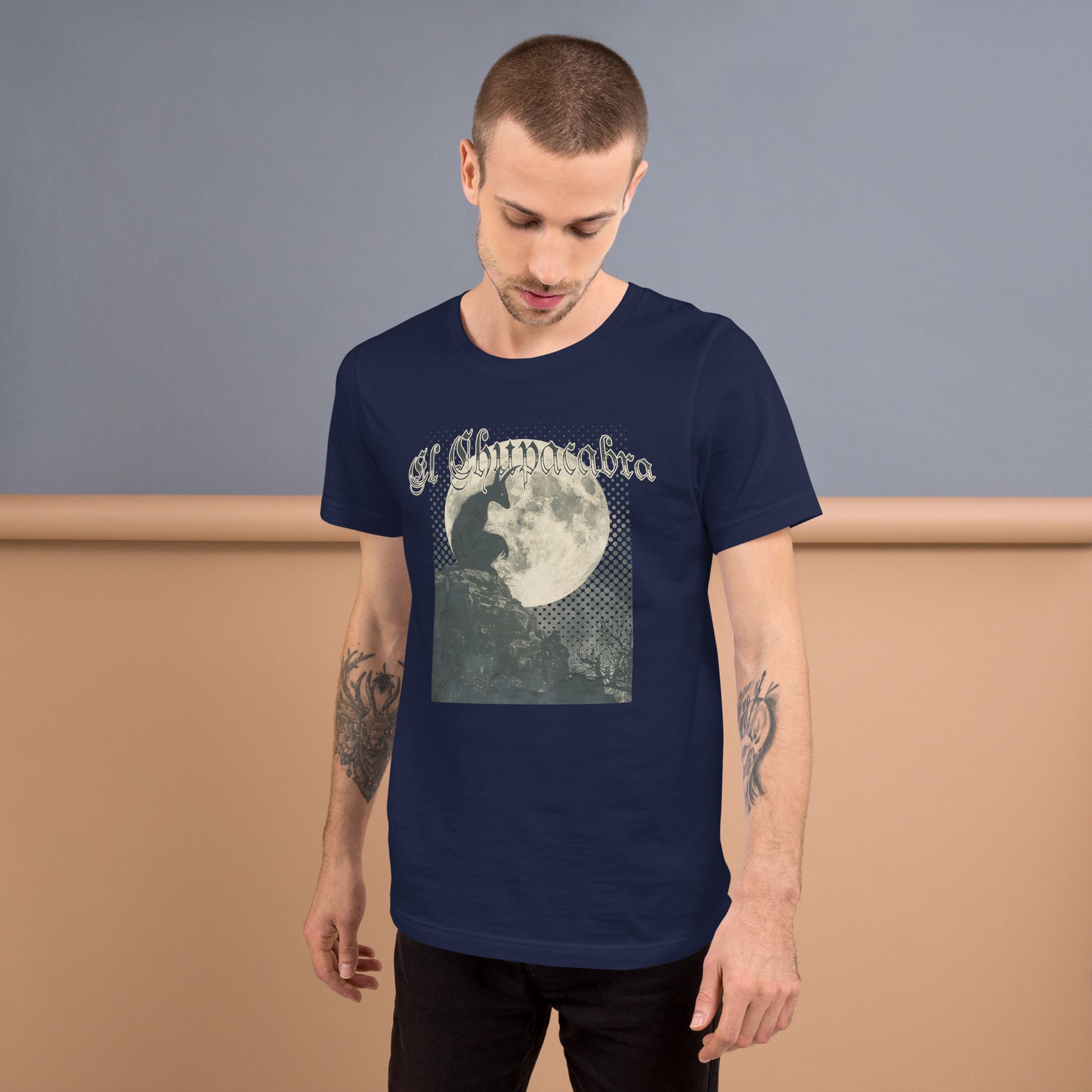 Chupacabra By Moonlight Short Sleeve Unisex T-shirt Navy Mockup