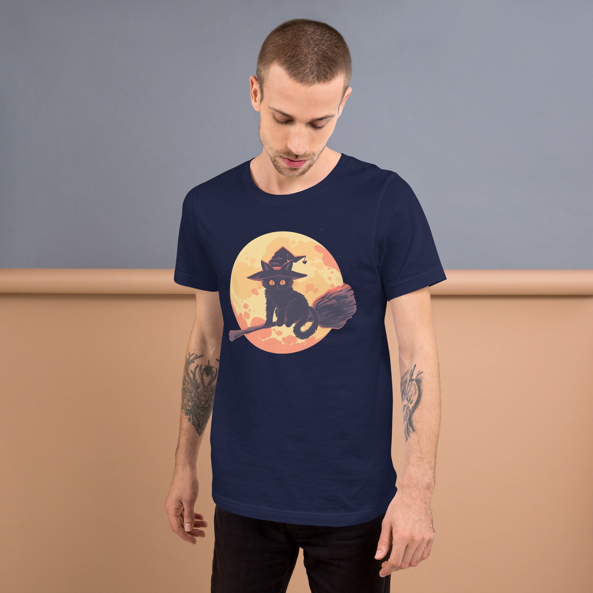 witchy cat short sleeve unisex t-shirt navy mockup