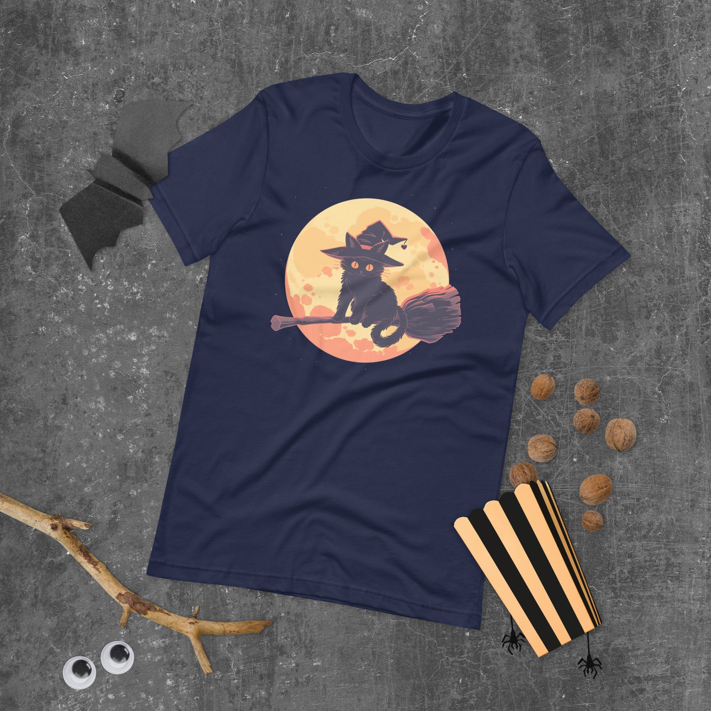 witchy cat short sleeve unisex t-shirt navy flat