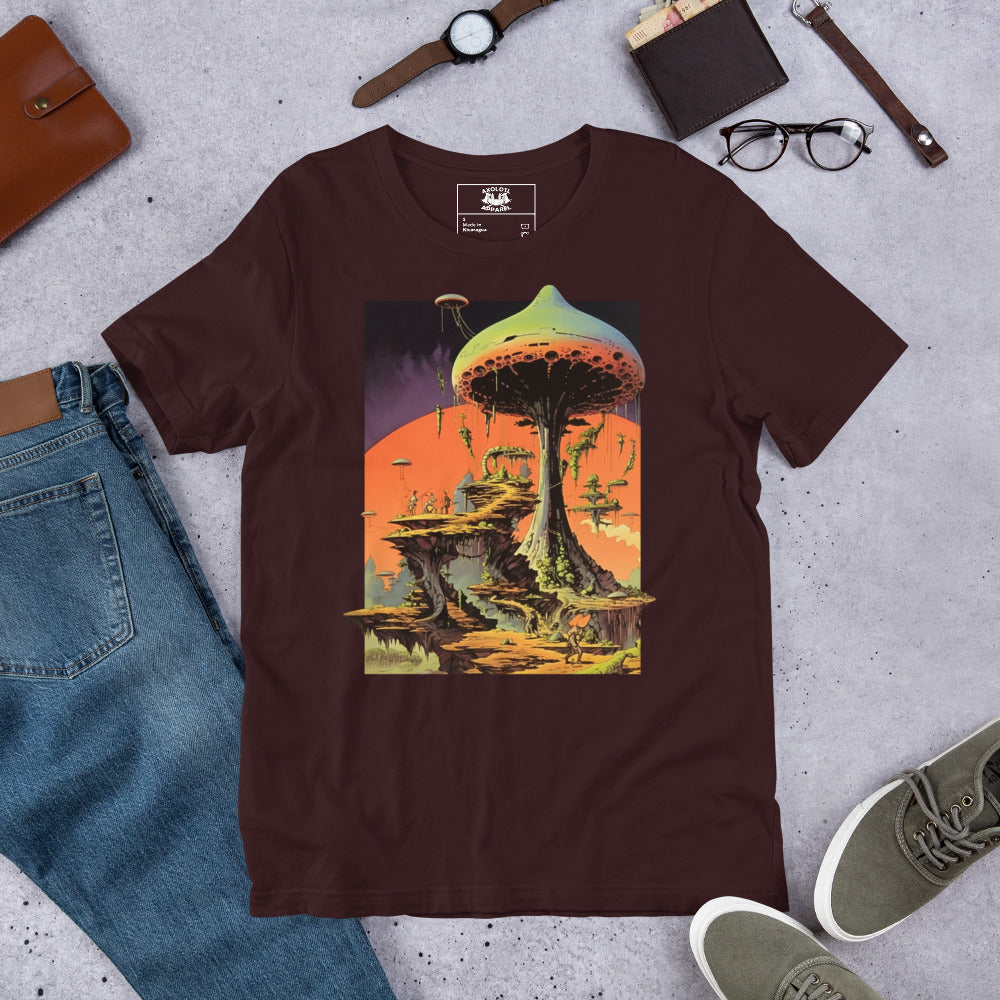 Mushroom-City_Shirt-sleeve_Unisex_T-shirt_Oxblood_Flat