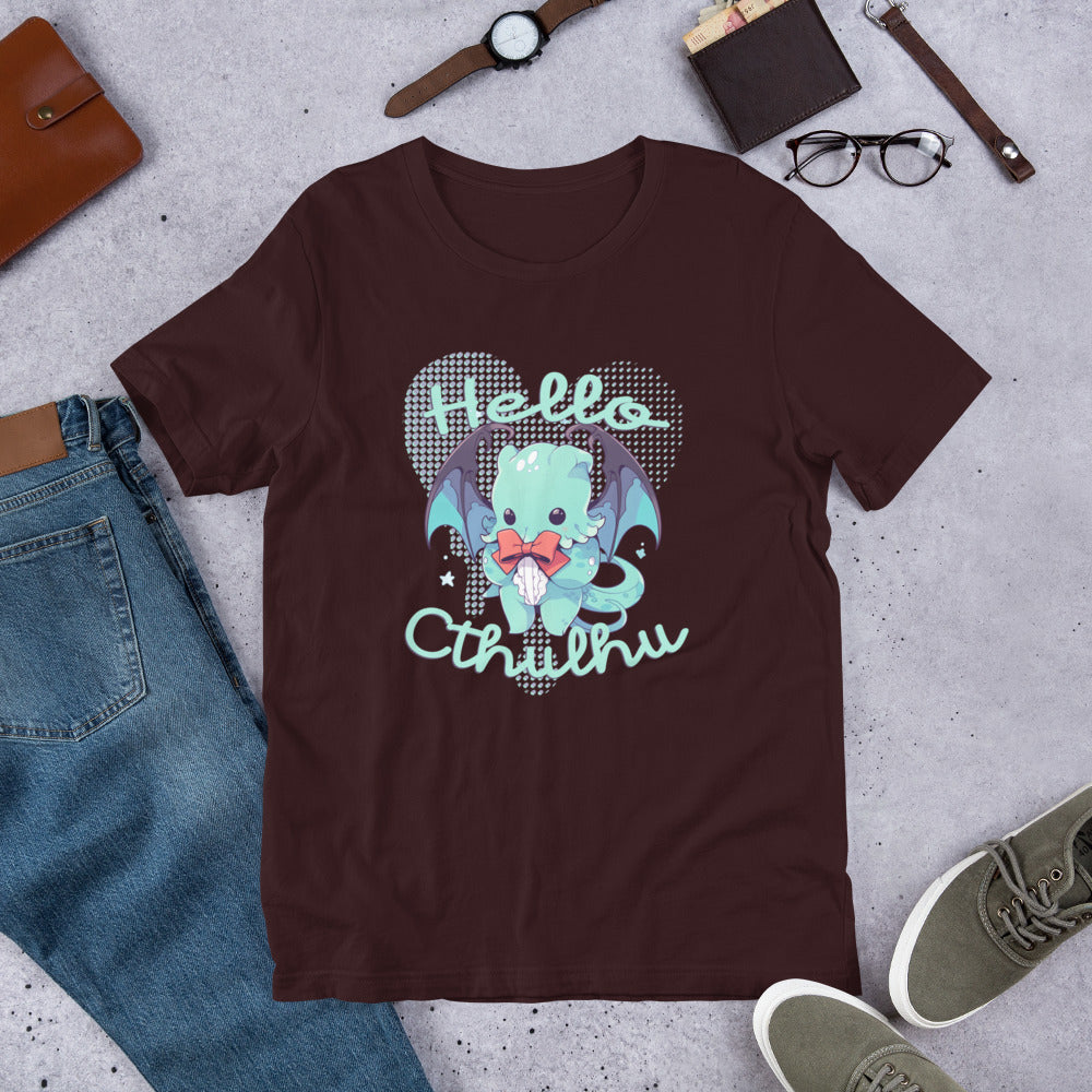 Hello Cthulhu Shirt-sleeve Unisex T-shirt Oxblood Flat