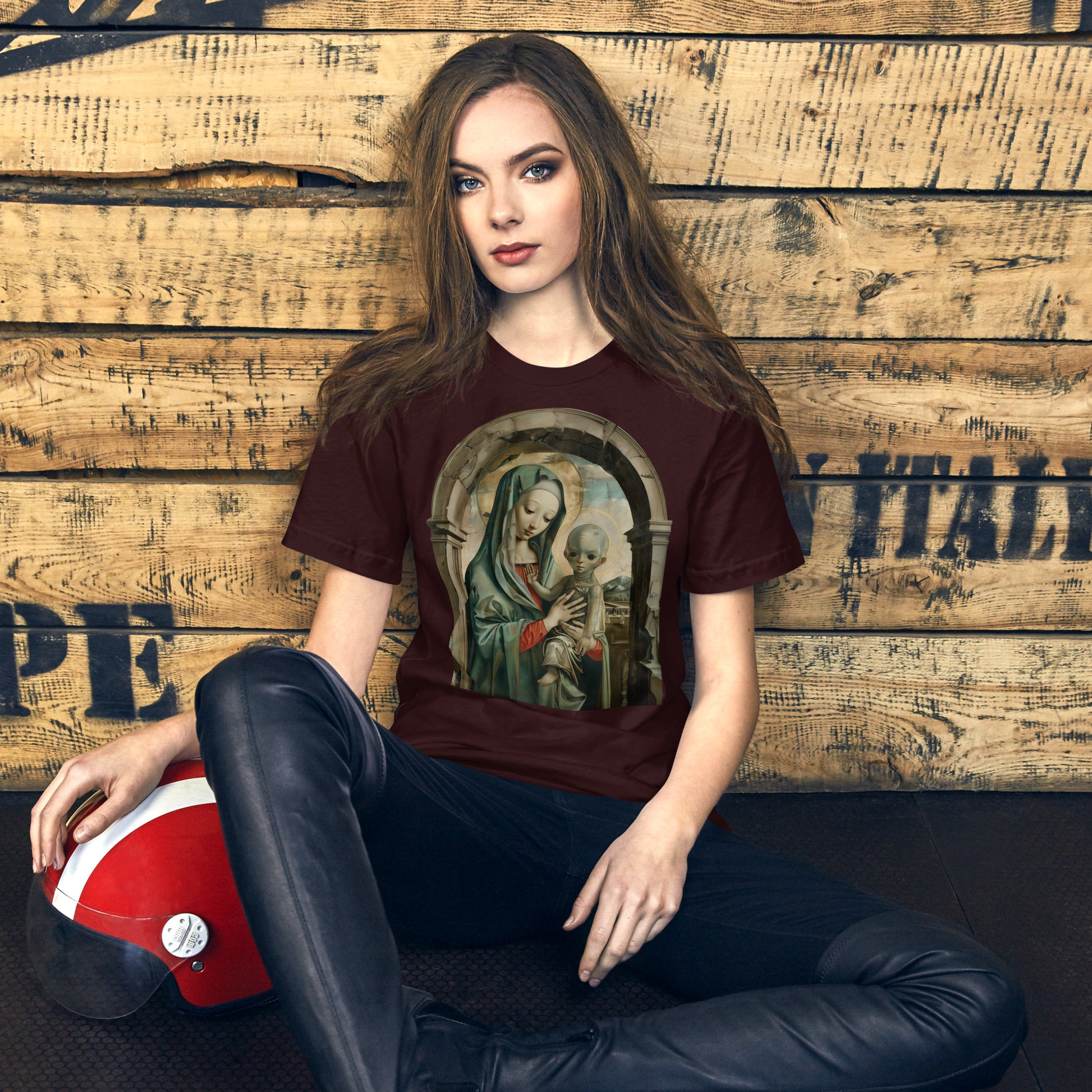 Mary and Alien Jesus Paranormal Religious Short-sleeve Unisex T-shirt Oxblood Mockup