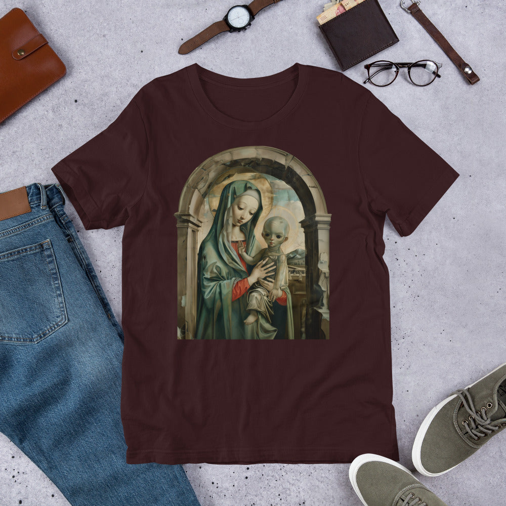 Mary and Alien Jesus Paranormal Religious Short-sleeve Unisex T-shirt Oxblood Flat