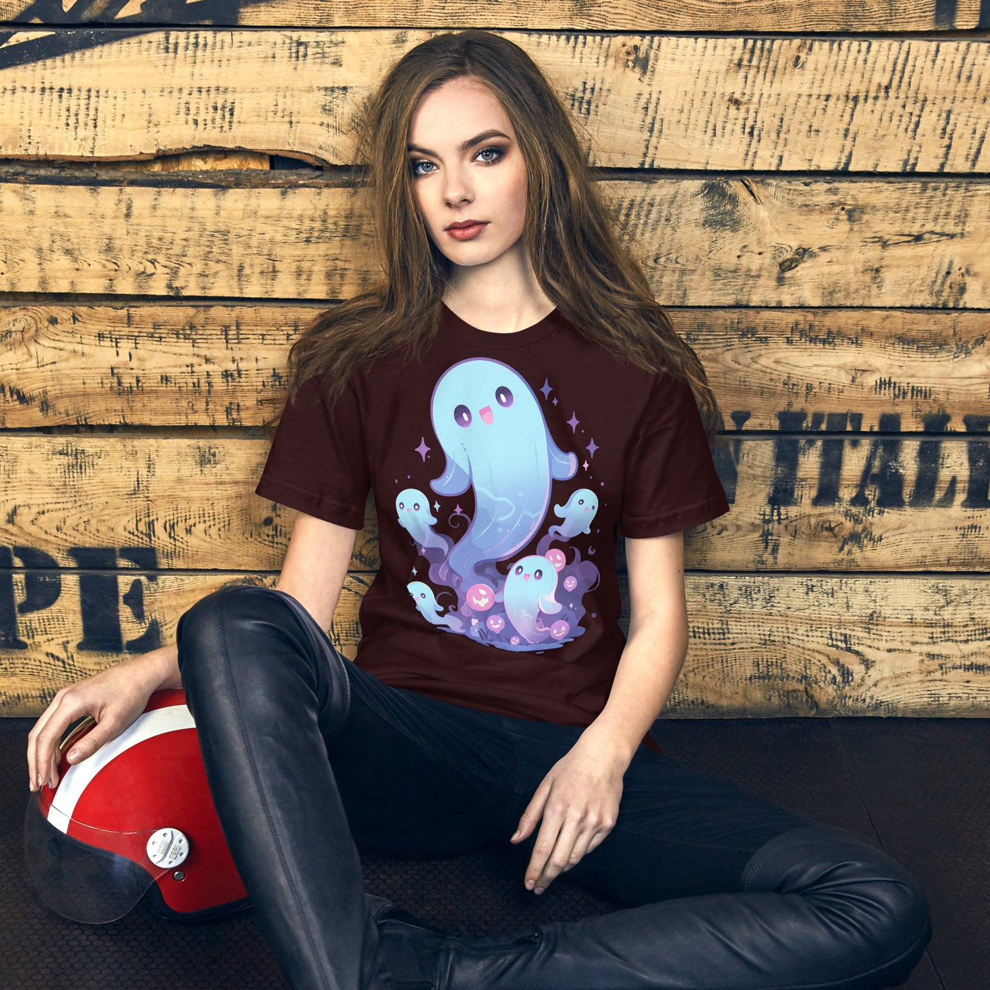 ghosties short sleeve unisex t-shirt oxblood mockup