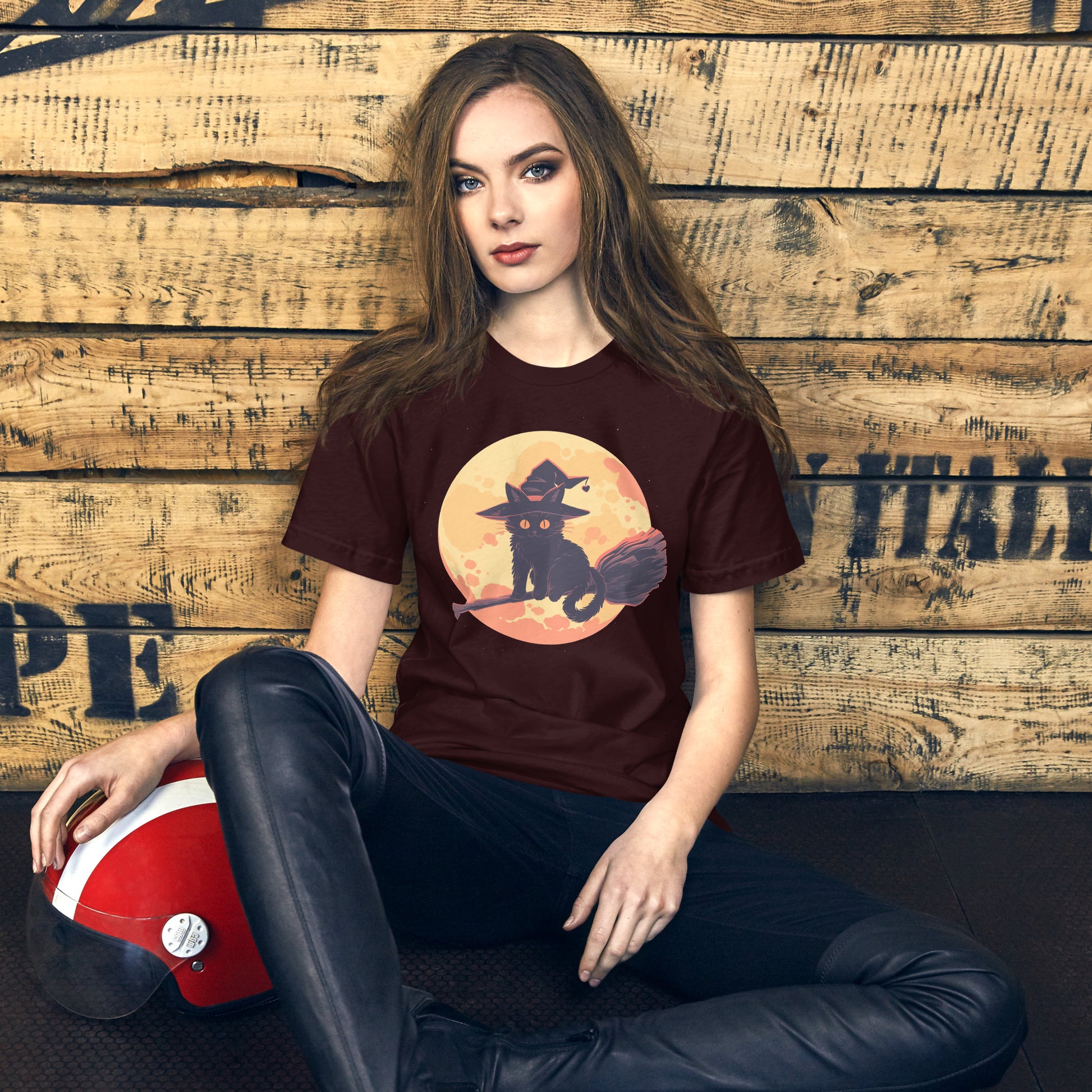 witchy cat short sleeve unisex t-shirt oxblood mockup